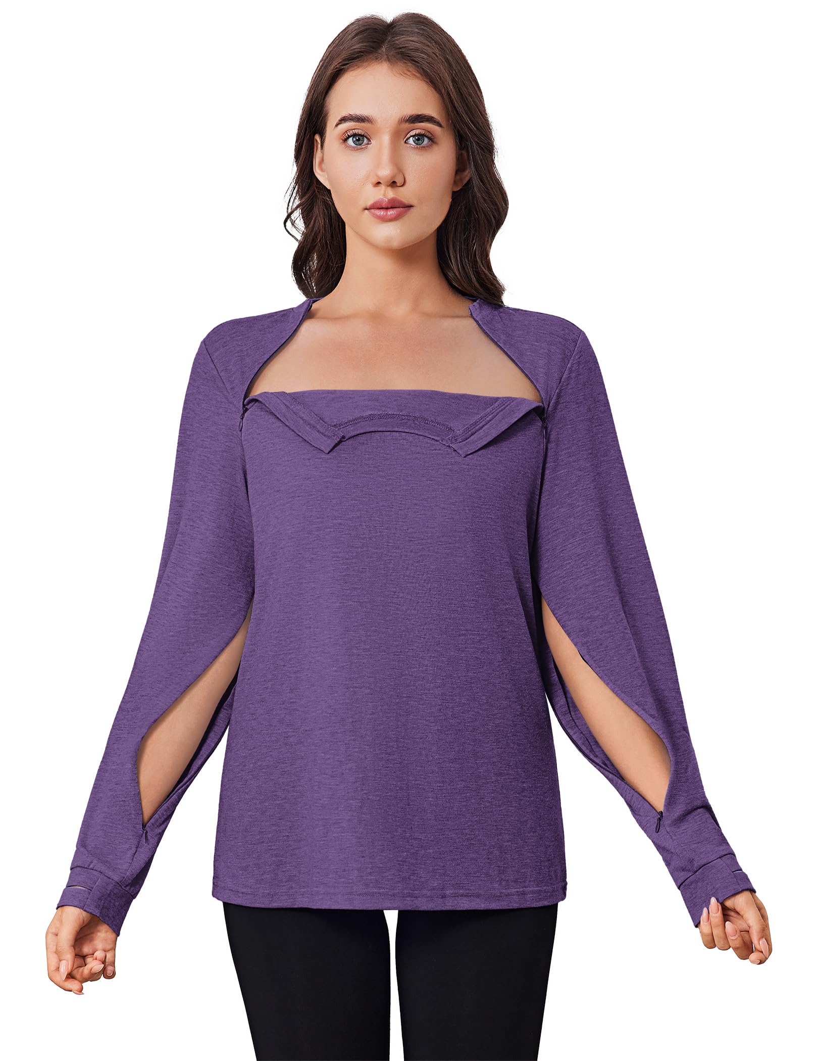 Deyeek Chemo Shirts for Port Access Women Long Sleeve Shoulder Post Surgery Shirt Dialysis Sweatshirts with Arm Zipper