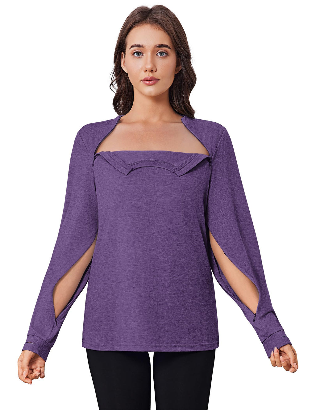 Deyeek Chemo Shirts for Port Access Women Long Sleeve Shoulder Post Surgery Shirt Dialysis Sweatshirts with Arm Zipper