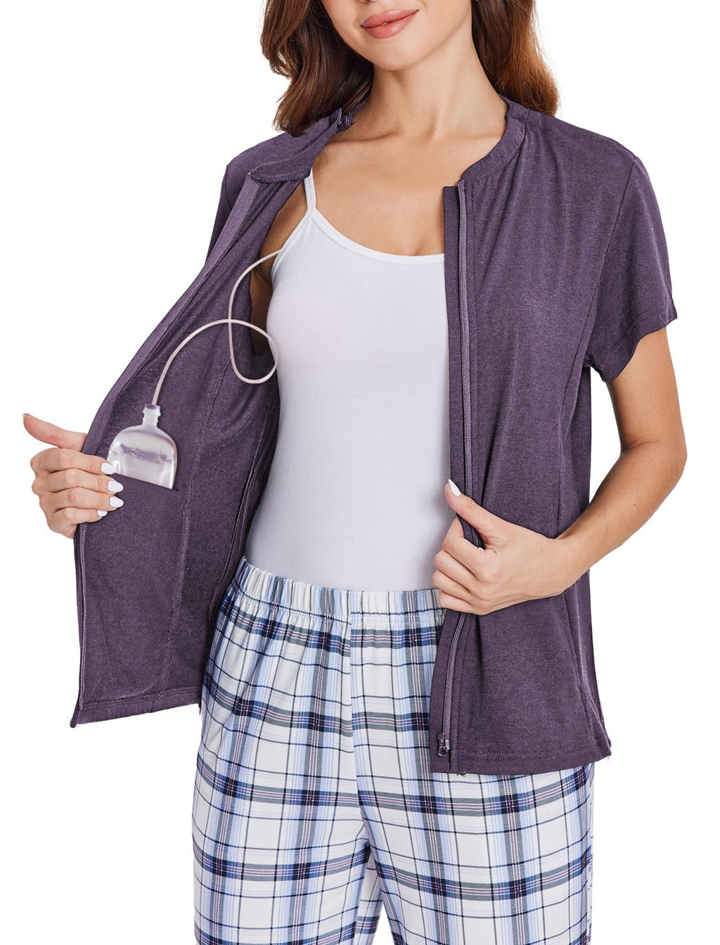 Deyeek Mastectomy Shirts with Drain Pockets Post Shoulder Surgery Tops for Women Chemo Port Short Sleeve with Zippers
