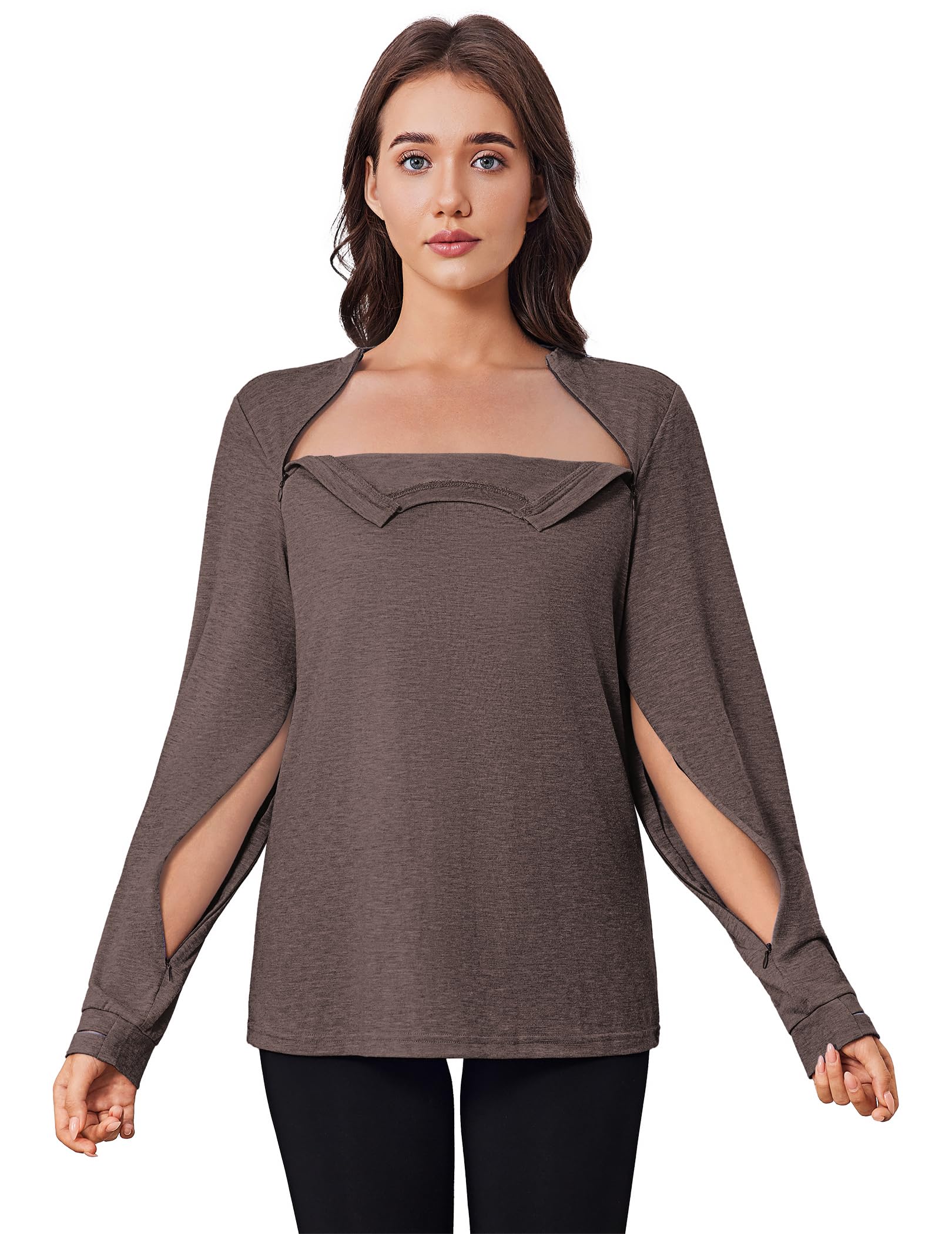 Deyeek Chemo Shirts for Port Access Women Long Sleeve Shoulder Post Surgery Shirt Dialysis Sweatshirts with Arm Zipper