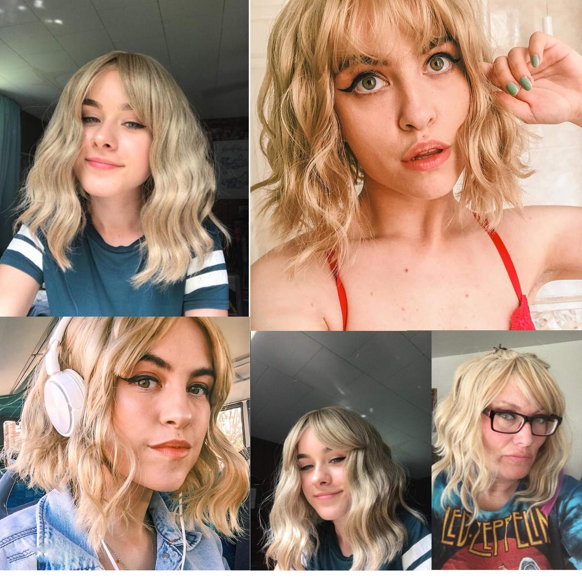 FAELBATY Blonde Wave Short Bob Wigs With Air Bangs Shoulder Length Wig For Women and Girls Curly Wavy Synthetic Cosplay Costume Wig (12" Mix blonde and gold)