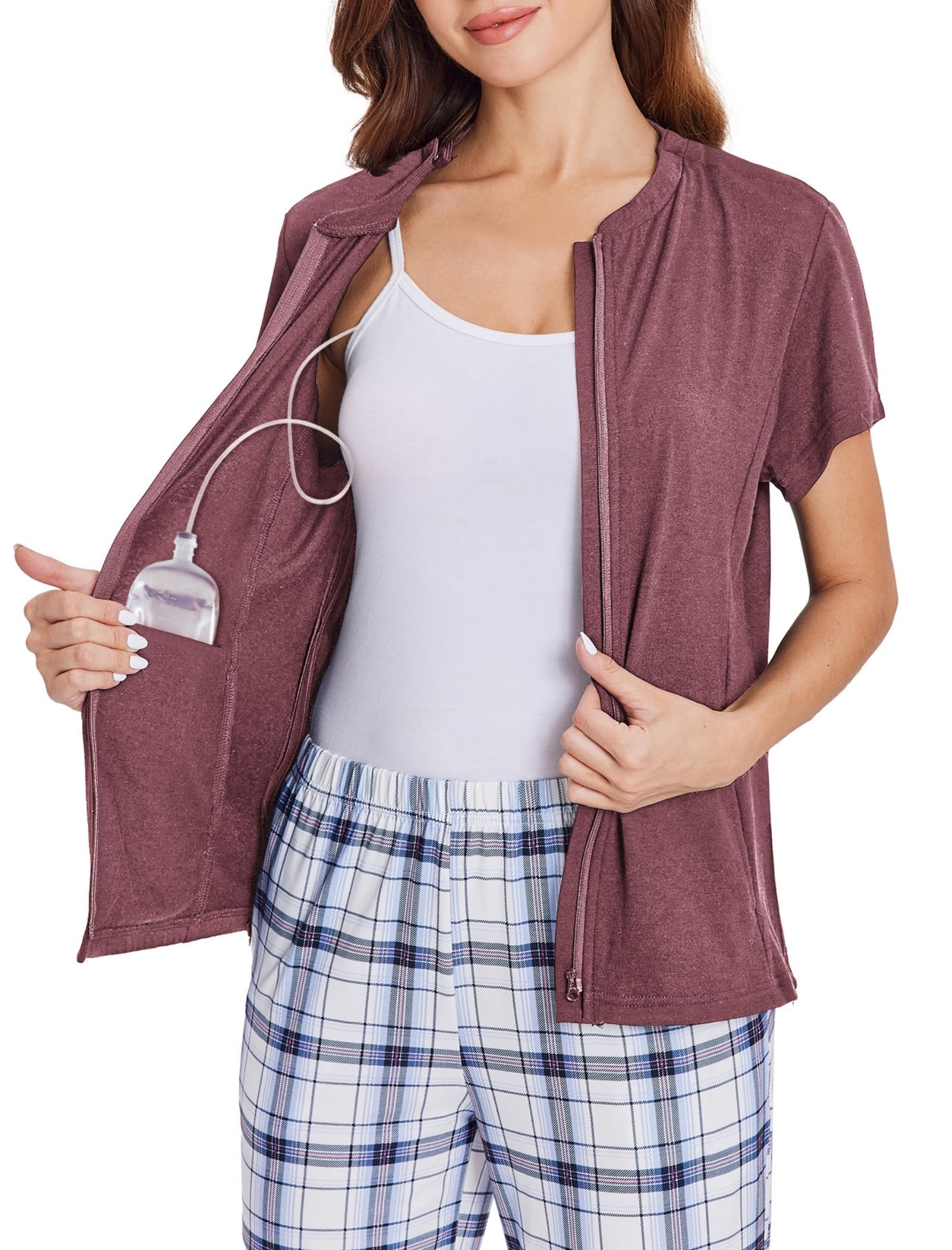 Deyeek Mastectomy Shirts with Drain Pockets Post Shoulder Surgery Tops for Women Chemo Port Short Sleeve with Zippers