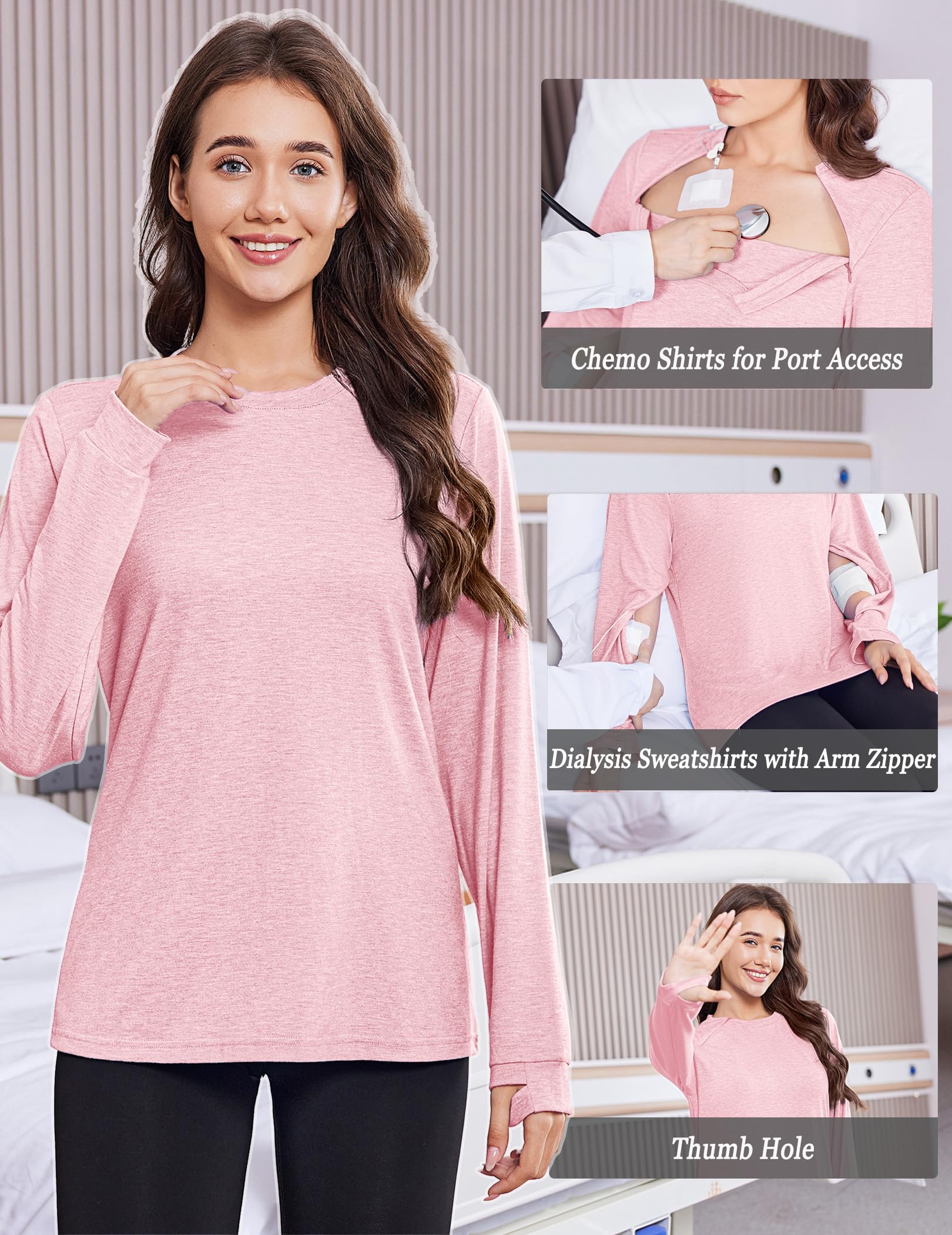 Deyeek Chemo Shirts for Port Access Women Long Sleeve Shoulder Post Surgery Shirt Dialysis Sweatshirts with Arm Zipper