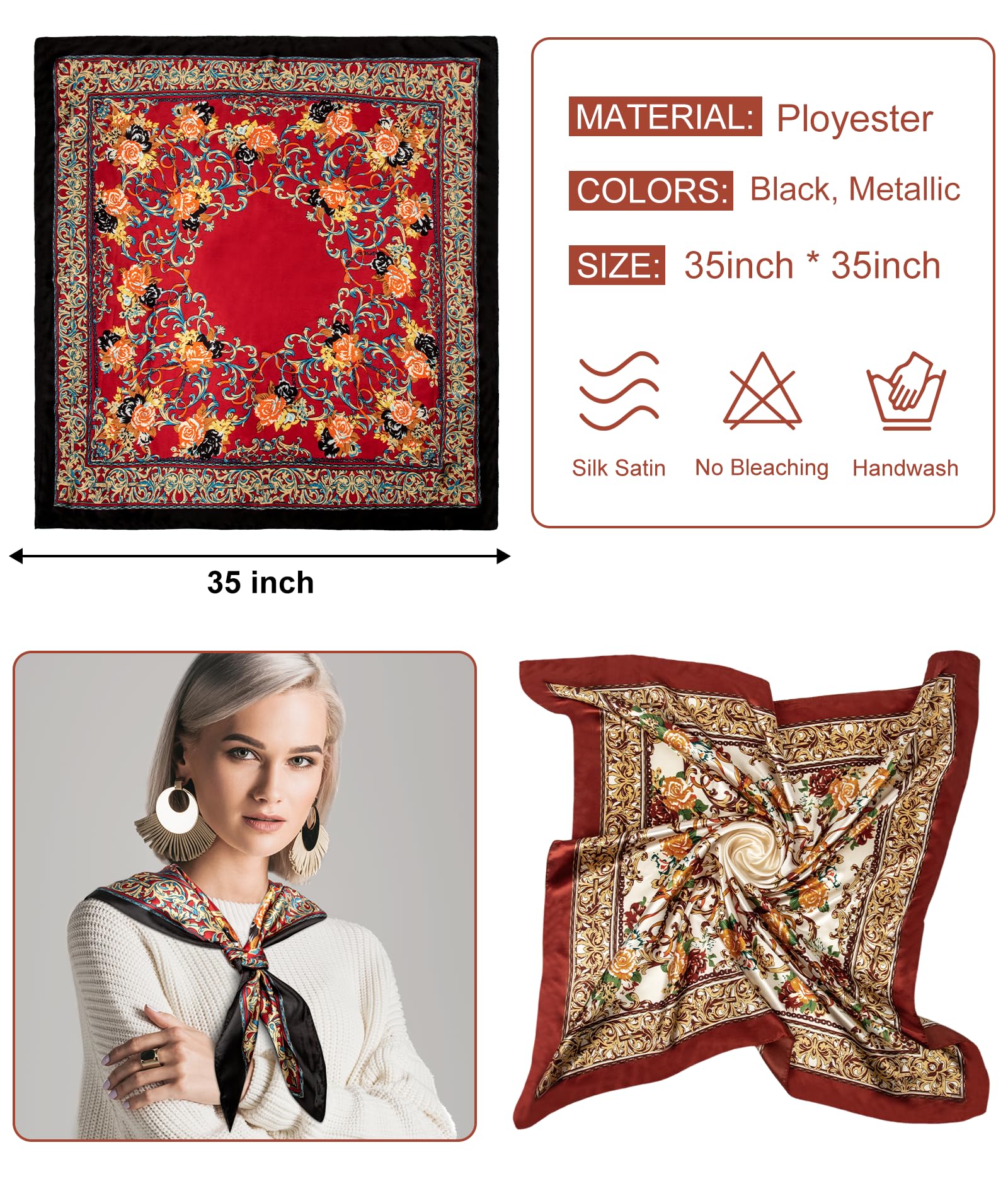 Senker Fashion 2Pcs 35" Silk Head Scarf for Women