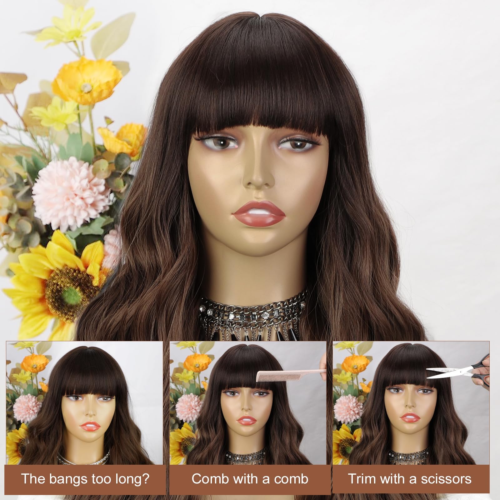 Lativ Ombre Blonde Brown Wig with Bangs Long Wavy Curly Wig with Brown End