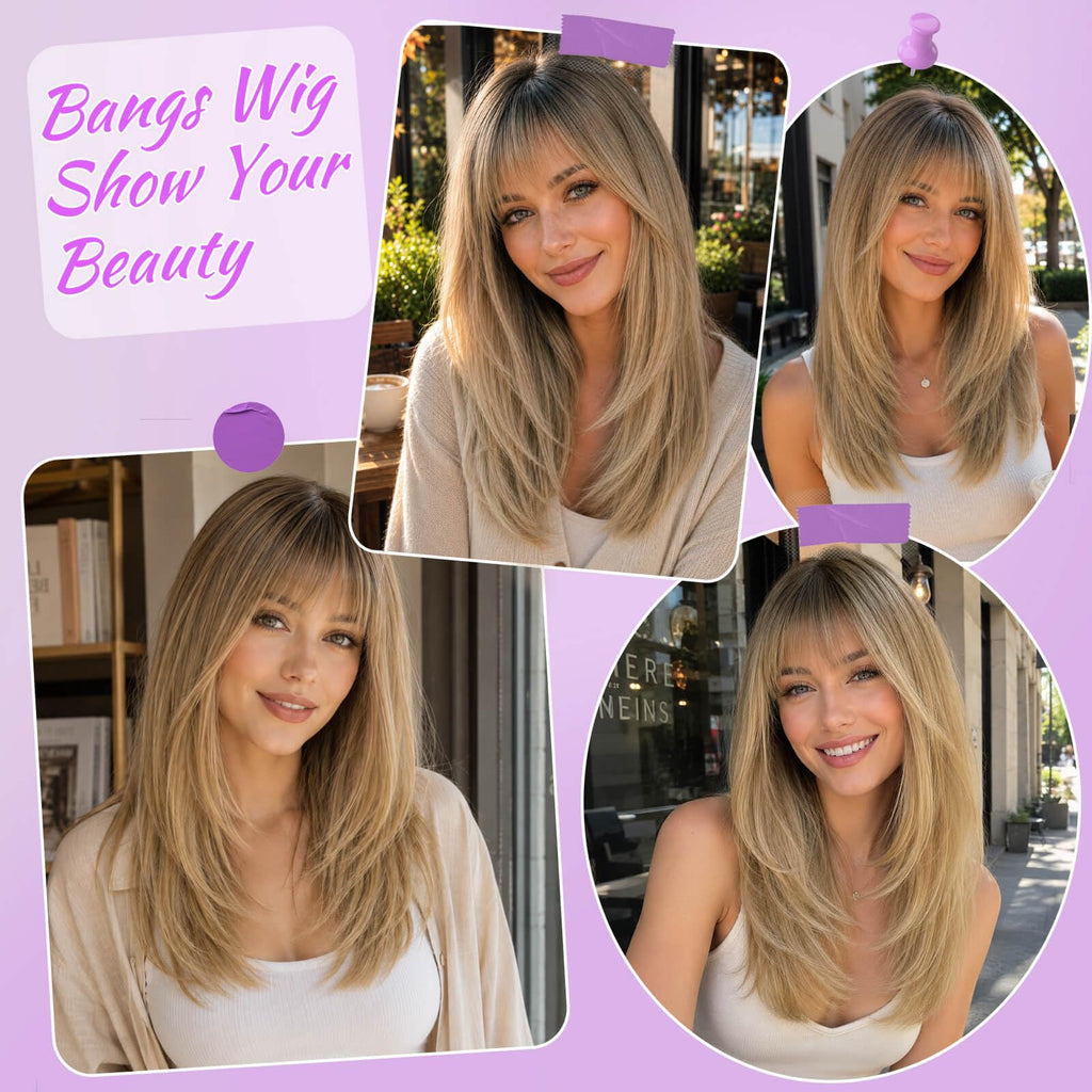Eawwii Wig with Bangs for Women,Brown Blonde Synthetic 4x4 Scalp Wigs