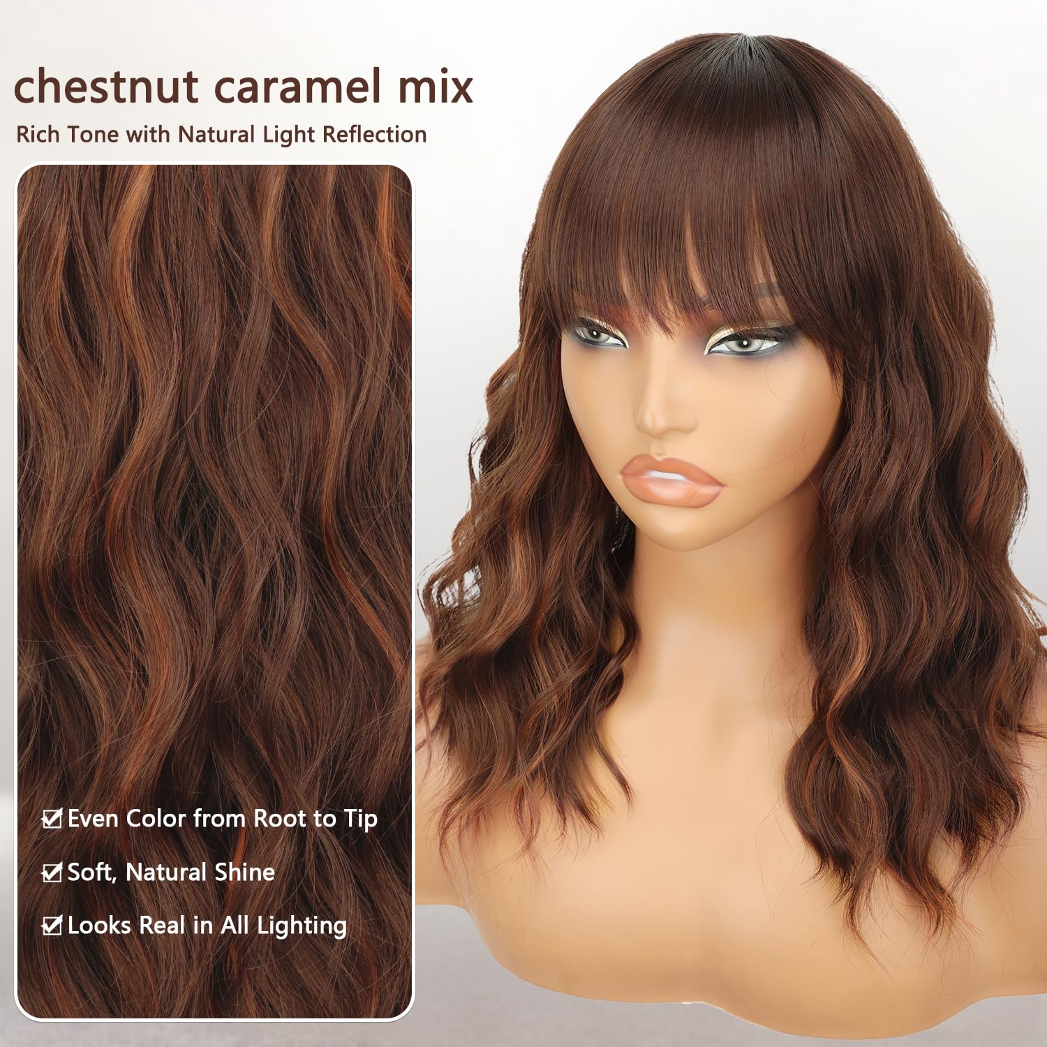 Nnzes Wig with Bangs for Women Shoulder Length Bob Wavy Women's Charming Synthetic Brown mixed Blonde Highlight Wigs with Natural Curly Heat Resistant Hair for Daily Party Use