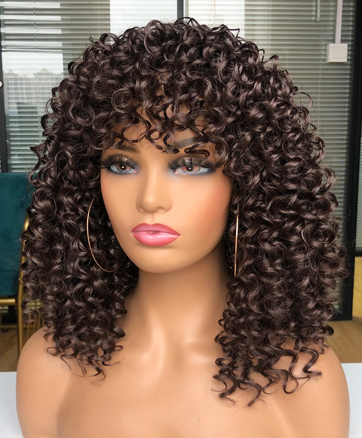 Curly Afro Wigs for Black Women Kinky Curly Wig with Bangs Synthetic Fiber Natural Looking Glueless Hair for Daily Wear