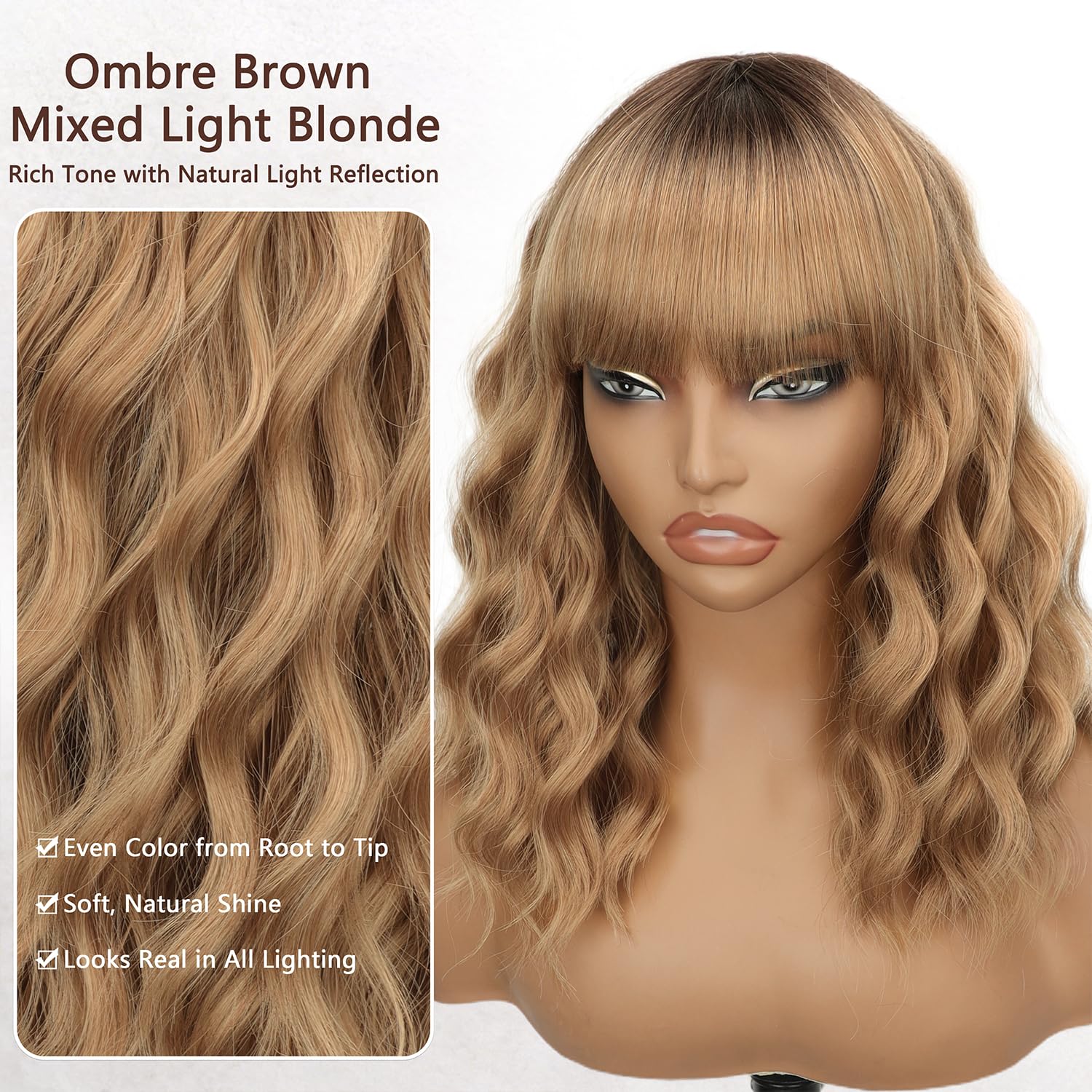 Nnzes Wig with Bangs for Women Shoulder Length Bob Wavy Women's Charming Synthetic Brown mixed Blonde Highlight Wigs with Natural Curly Heat Resistant Hair for Daily Party Use