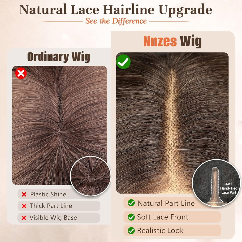 Nnzes Long Brown Mixed Blonde Wavy Wig 4x1 Lace Natural Hairline Middle Part Curly Heat-Resistant Synthetic Fiber for Women & Beginners Daily Party Use 26In