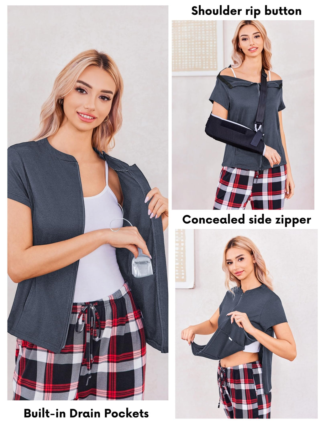 Deyeek Mastectomy Shirts with Drain Pockets Post Shoulder Surgery Tops for Women Chemo Port Short Sleeve with Zippers