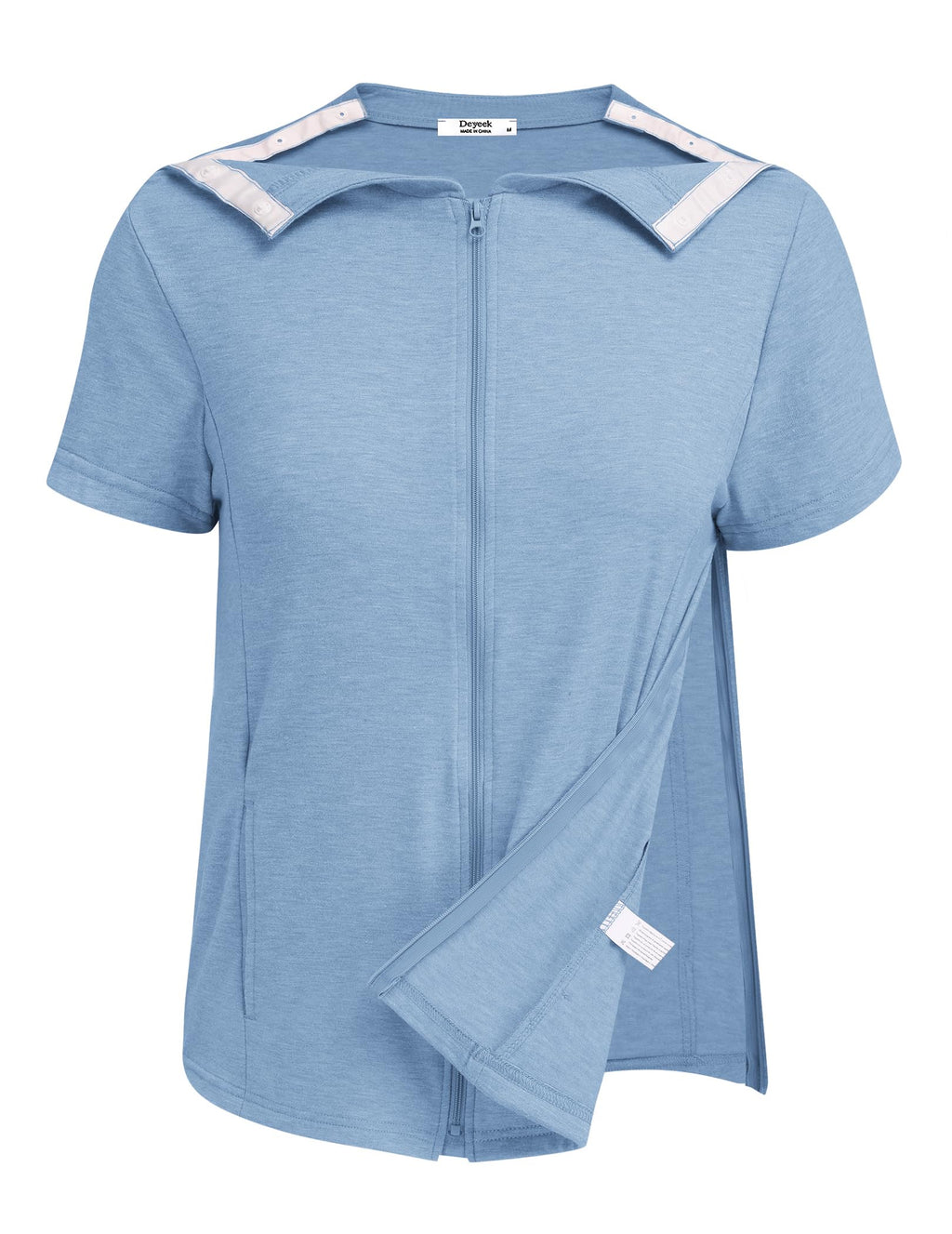 Deyeek Mastectomy Shirts with Drain Pockets Post Shoulder Surgery Tops for Women Chemo Port Short Sleeve with Zippers