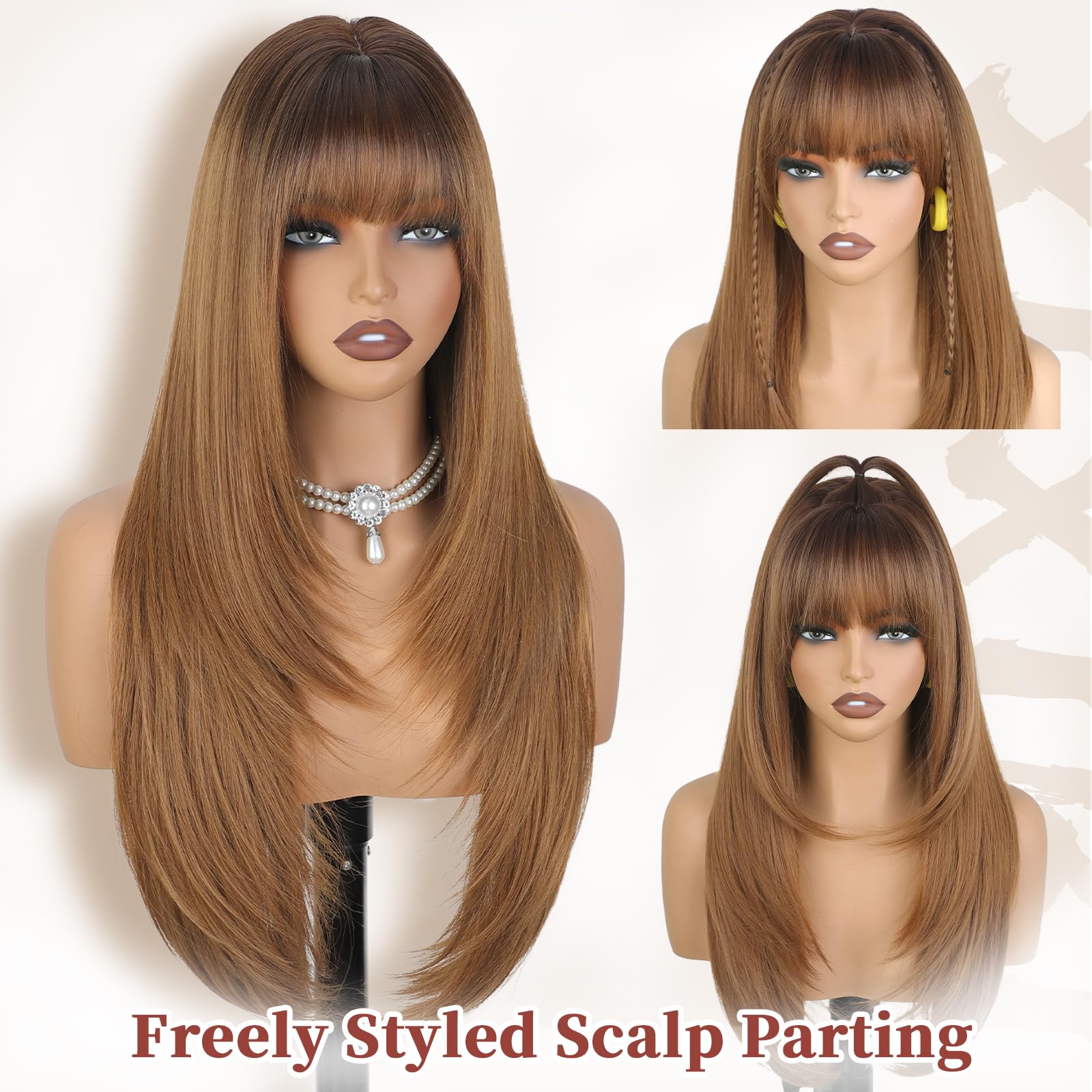 XIXIBI Wig with Bangs for Women,Long Straight,Brown Blonde Highlight