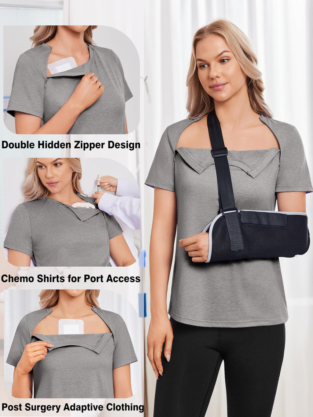 Deyeek Chemo Shirts for Port Access Women with 2 Hidden Side Zippers Post Surgery Short Sleeve Tear Away Adaptive Top Tees