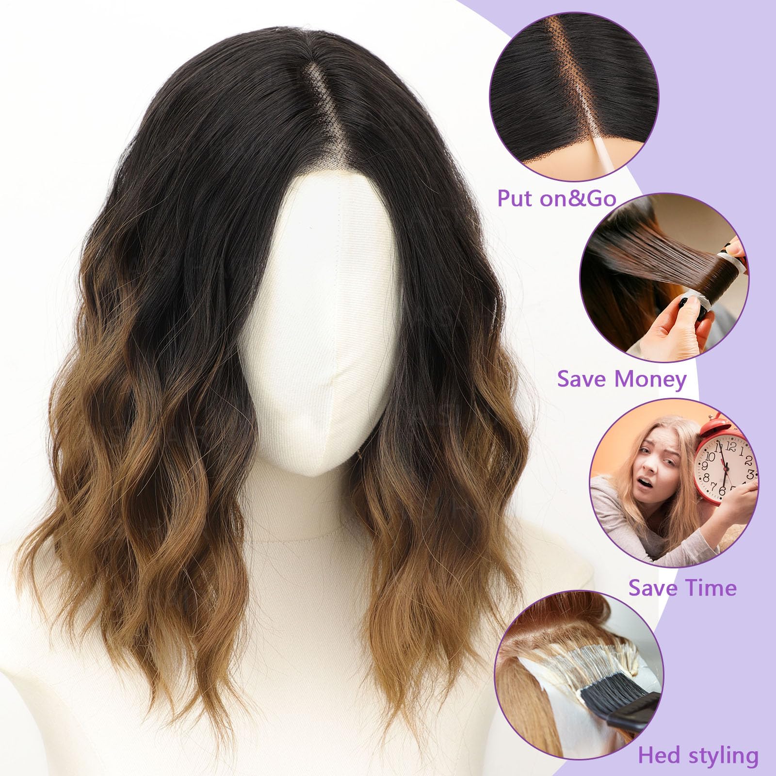 AISI HAIR 14Inch Dark to Light Blonde Wig for Women,Wave Synthetic Lace Wig