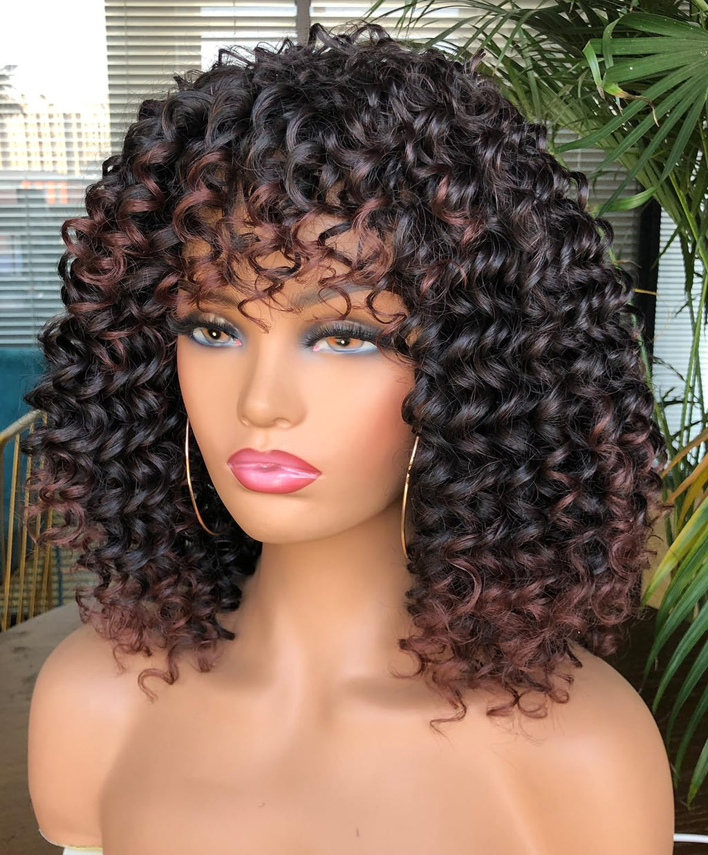 Curly Afro Wigs for Black Women Kinky Curly Wig with Bangs Synthetic Fiber Natural Looking Glueless Hair for Daily Wear