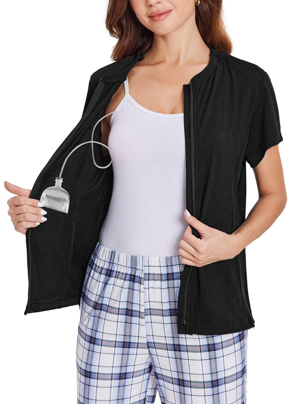 Deyeek Mastectomy Shirts with Drain Pockets Post Shoulder Surgery Tops for Women Chemo Port Short Sleeve with Zippers