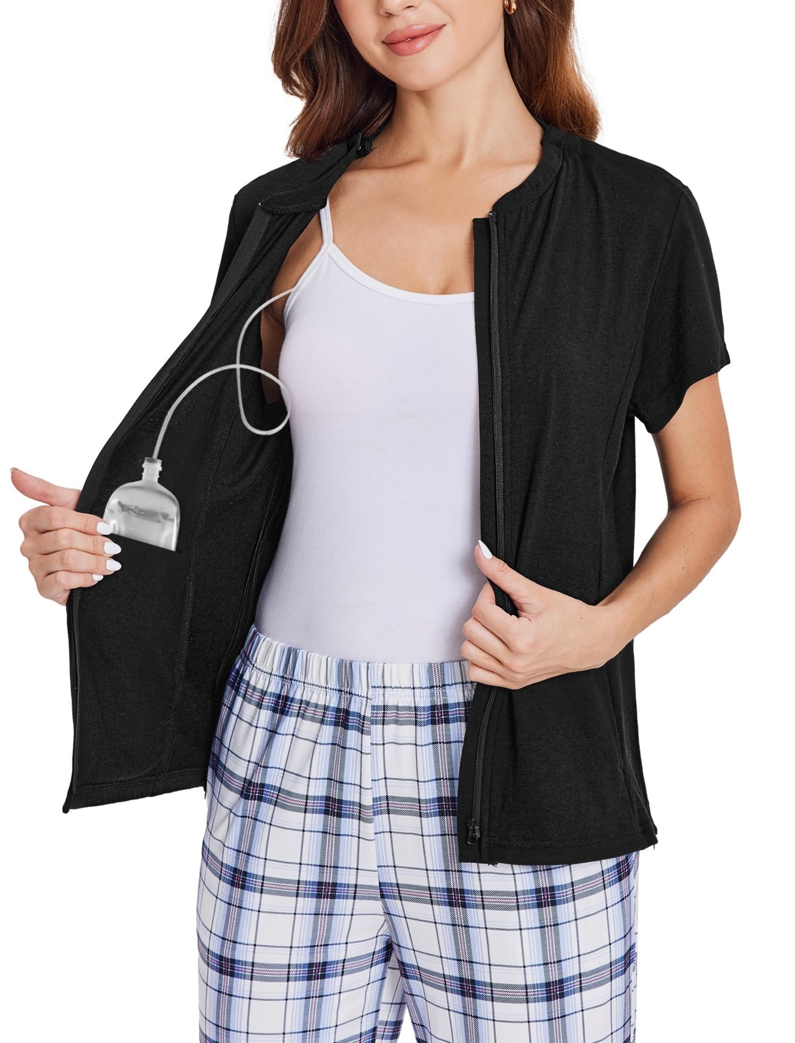 Deyeek Mastectomy Shirts with Drain Pockets Post Shoulder Surgery Tops for Women Chemo Port Short Sleeve with Zippers
