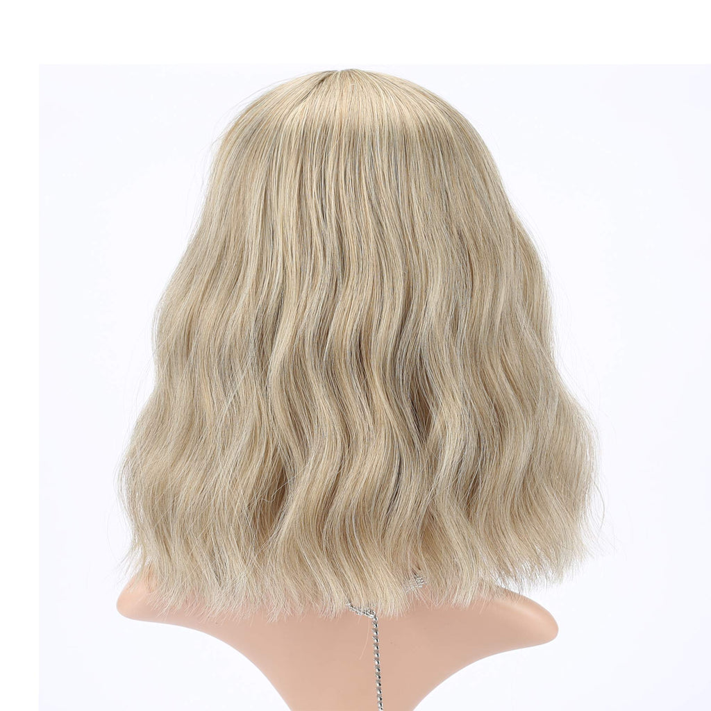 FAELBATY Blonde Wave Short Bob Wigs With Air Bangs Shoulder Length Wig For Women and Girls Curly Wavy Synthetic Cosplay Costume Wig (12" Mix blonde and gold)