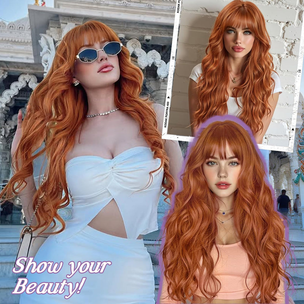 Lativ Ombre Blonde Brown Wig with Bangs Long Wavy Curly Wig with Brown End