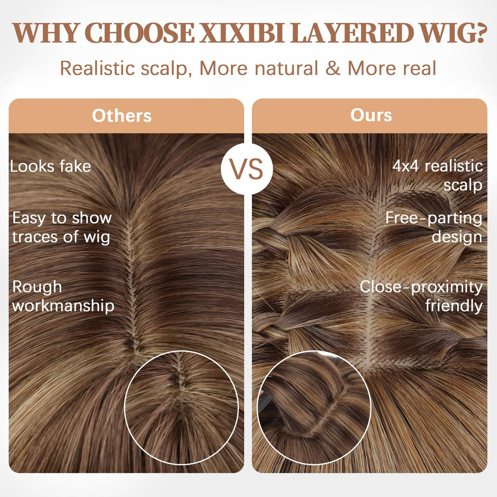 XIXIBI Wig with Bangs for Women,Long Straight,Brown Blonde Highlight