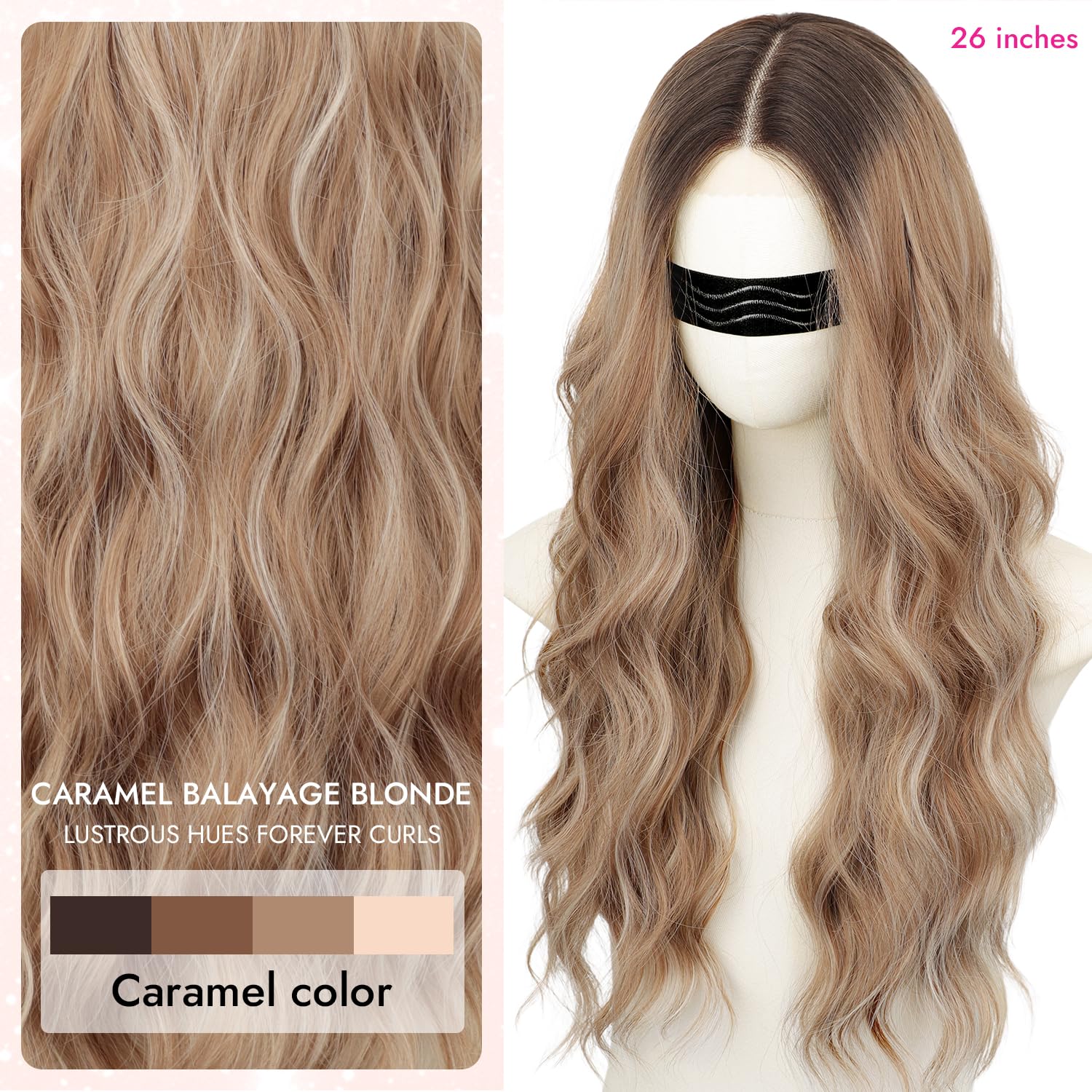 Nnzes Long Brown Mixed Blonde Wavy Wig 4x1 Lace Natural Hairline Middle Part Curly Heat-Resistant Synthetic Fiber for Women & Beginners Daily Party Use 26In