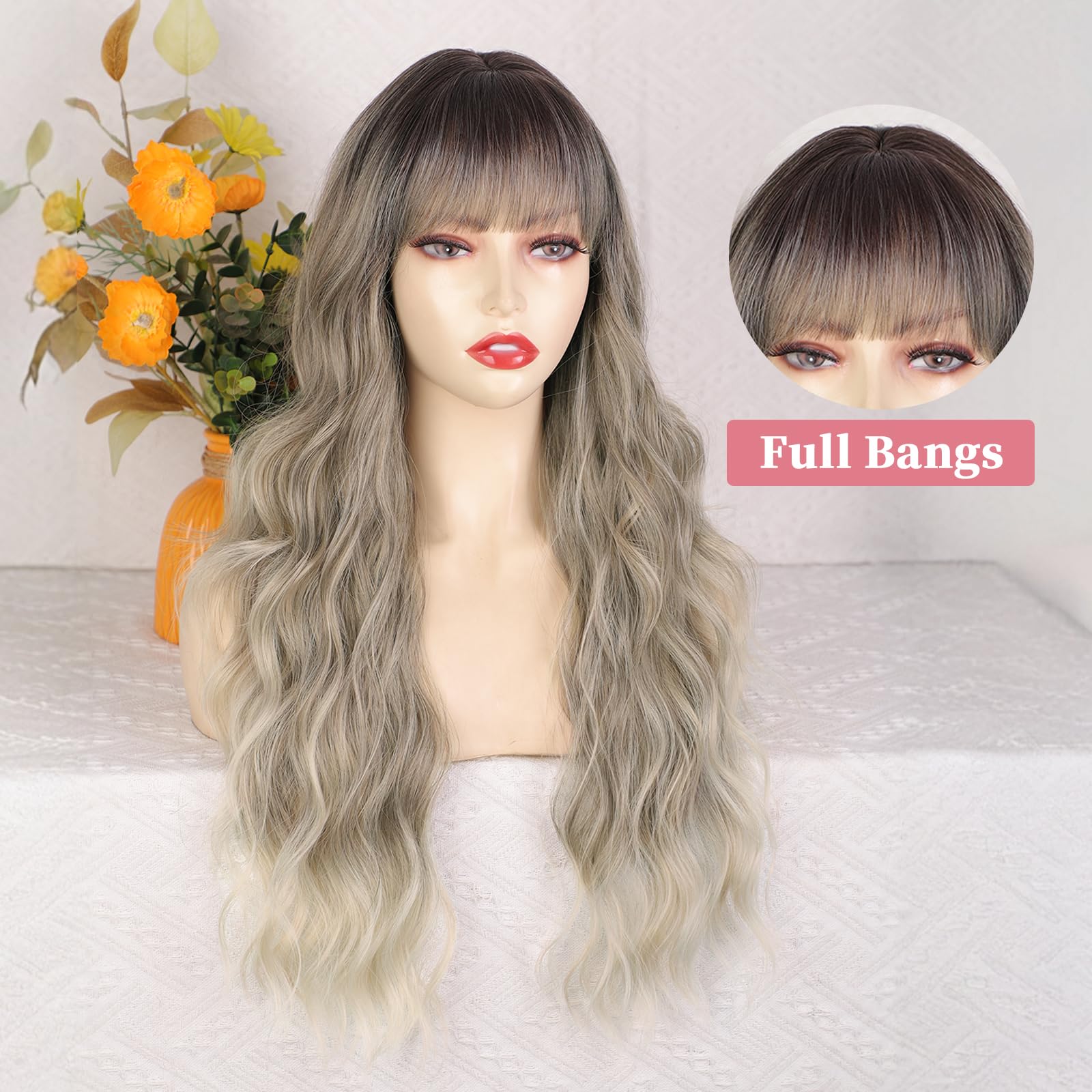 Lativ Ombre Blonde Brown Wig with Bangs Long Wavy Curly Wig with Brown End