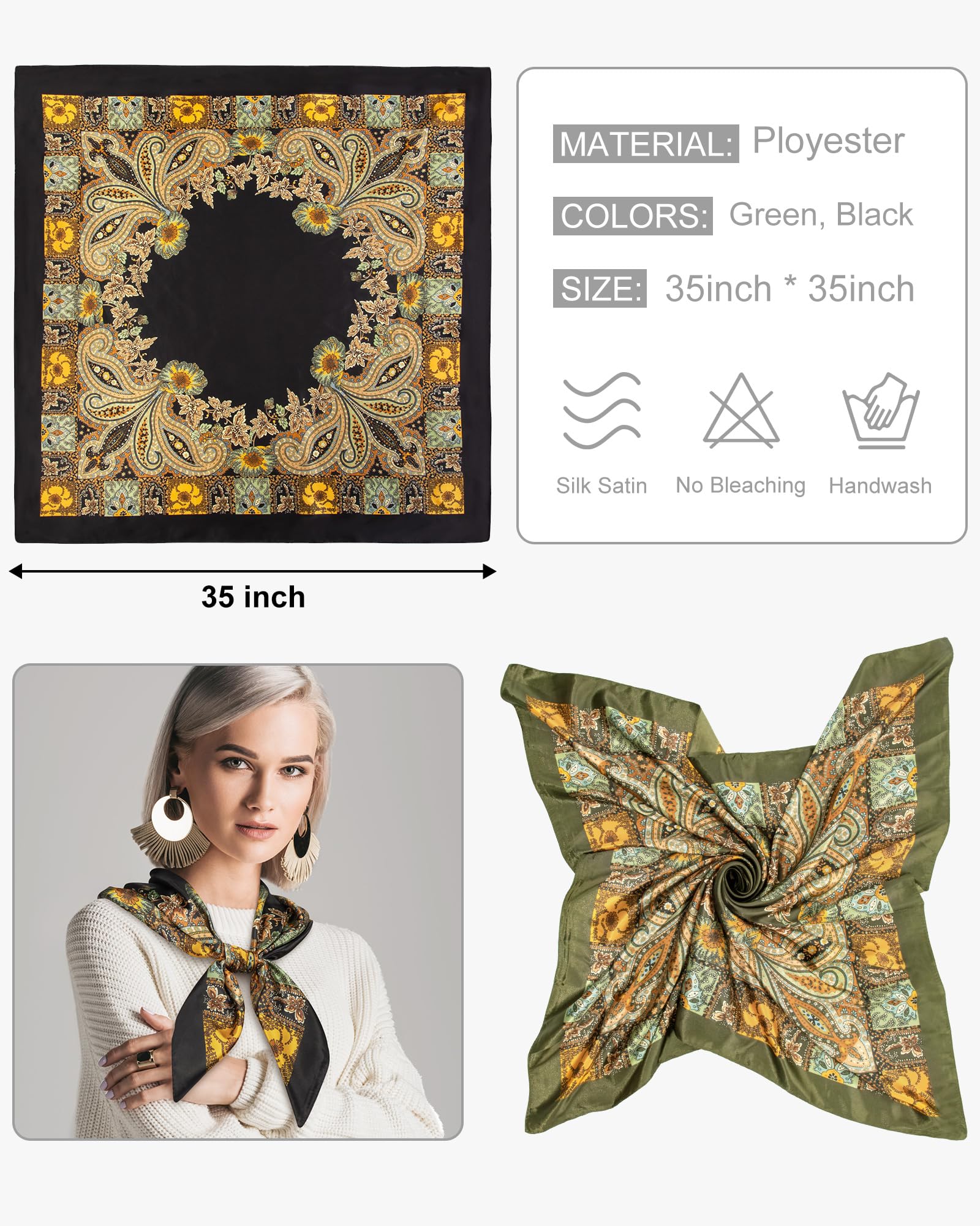 Senker Fashion 2Pcs 35" Silk Head Scarf for Women