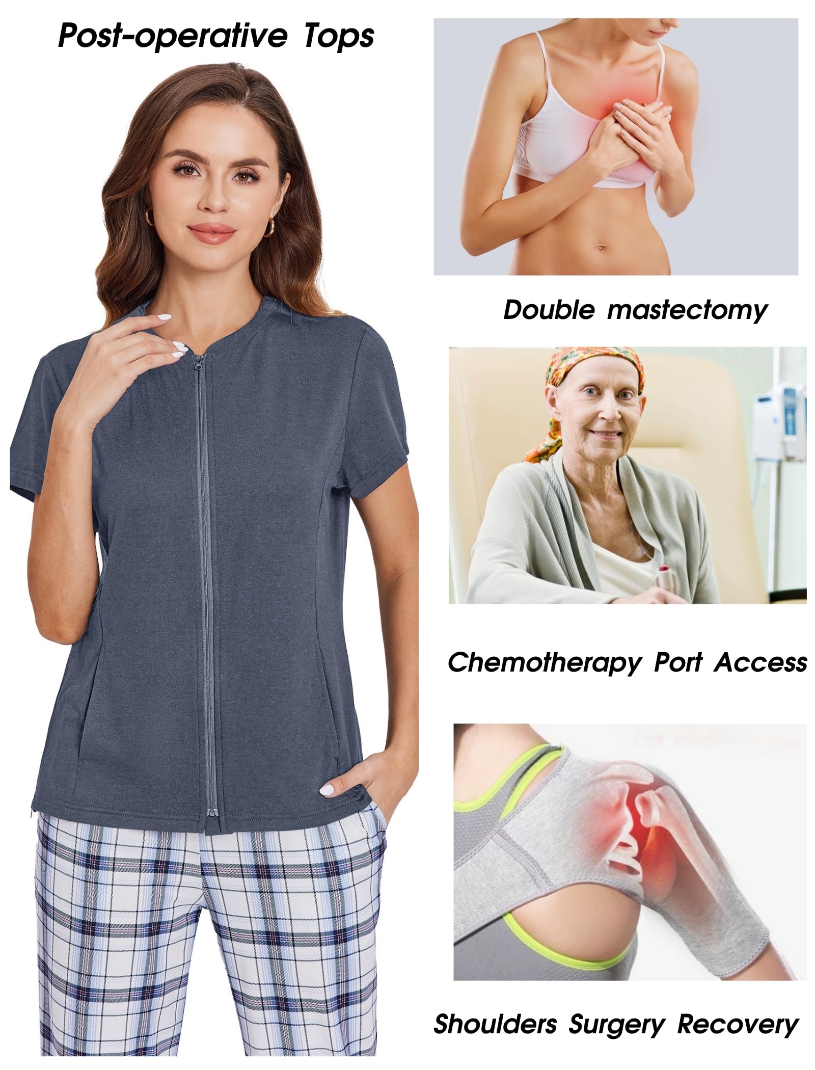 Deyeek Mastectomy Shirts with Drain Pockets Post Shoulder Surgery Tops for Women Chemo Port Short Sleeve with Zippers