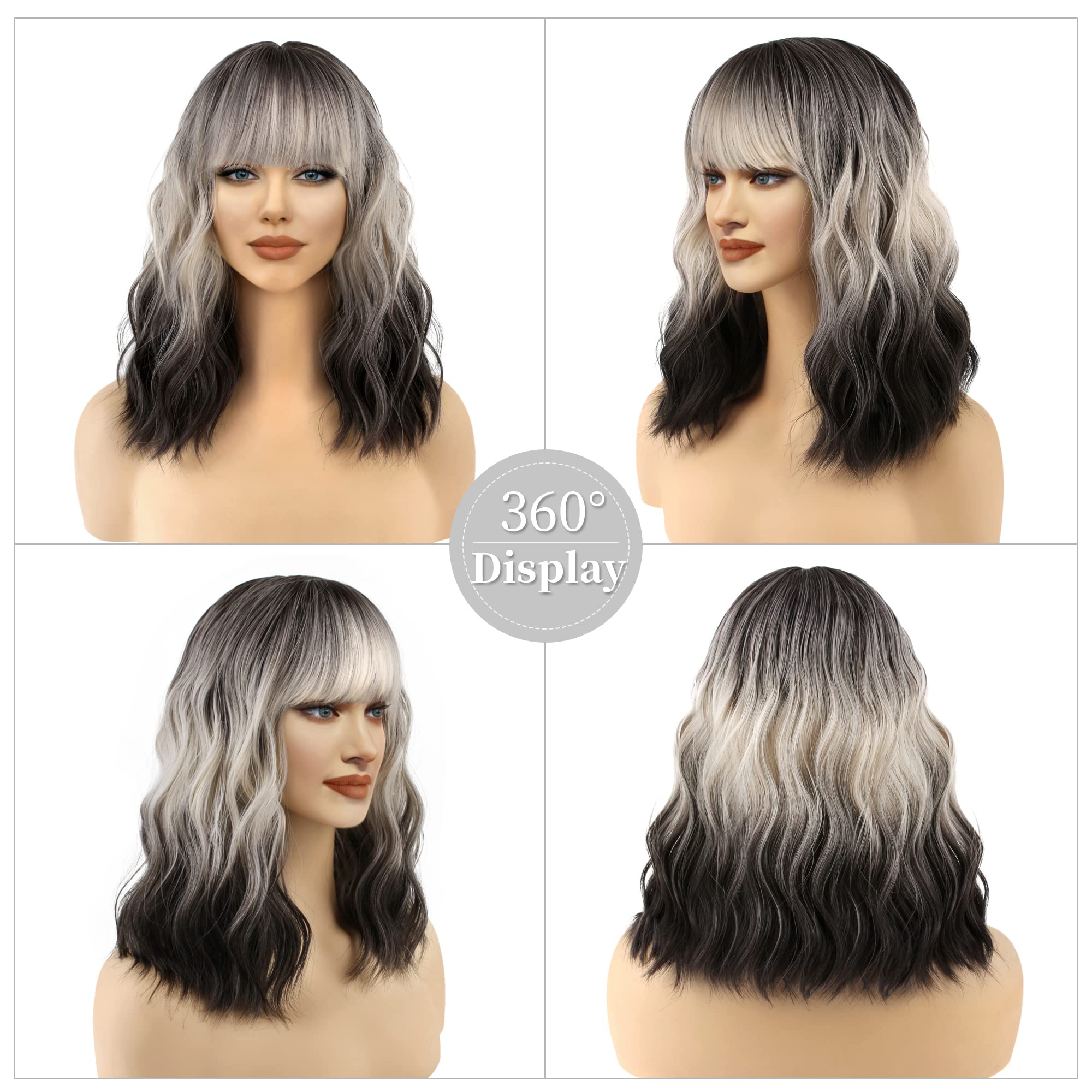 FAELBATY Blonde Wave Short Bob Wigs With Air Bangs Shoulder Length Wig For Women and Girls Curly Wavy Synthetic Cosplay Costume Wig (12" Mix blonde and gold)