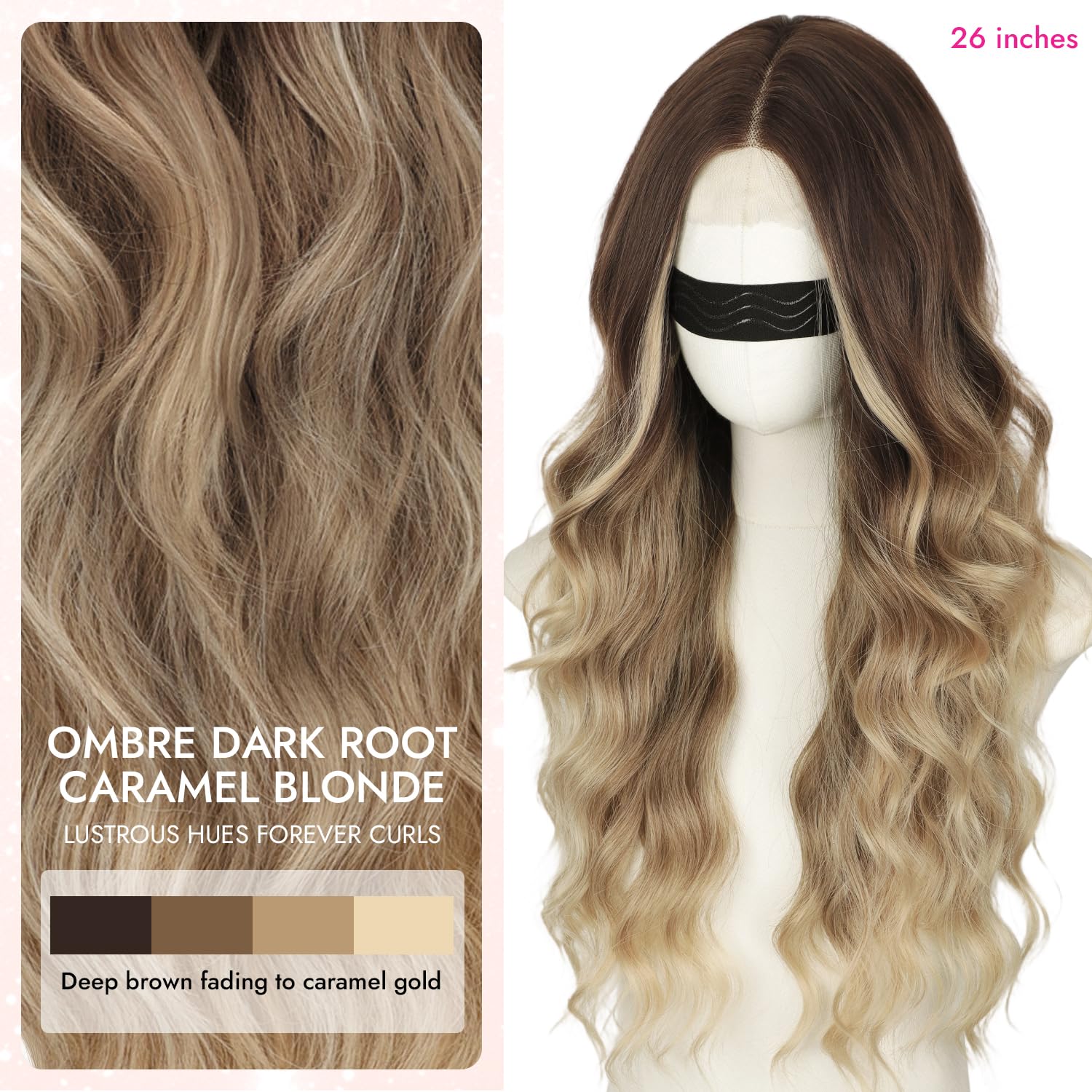 Nnzes Long Brown Mixed Blonde Wavy Wig 4x1 Lace Natural Hairline Middle Part Curly Heat-Resistant Synthetic Fiber for Women & Beginners Daily Party Use 26In