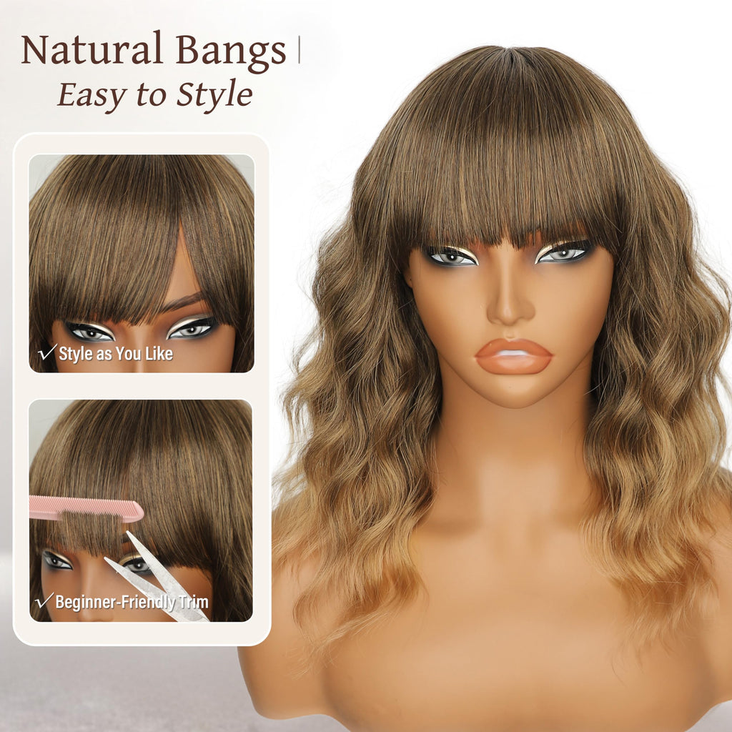 Nnzes Wig with Bangs for Women Shoulder Length Bob Wavy Women's Charming Synthetic Brown mixed Blonde Highlight Wigs with Natural Curly Heat Resistant Hair for Daily Party Use