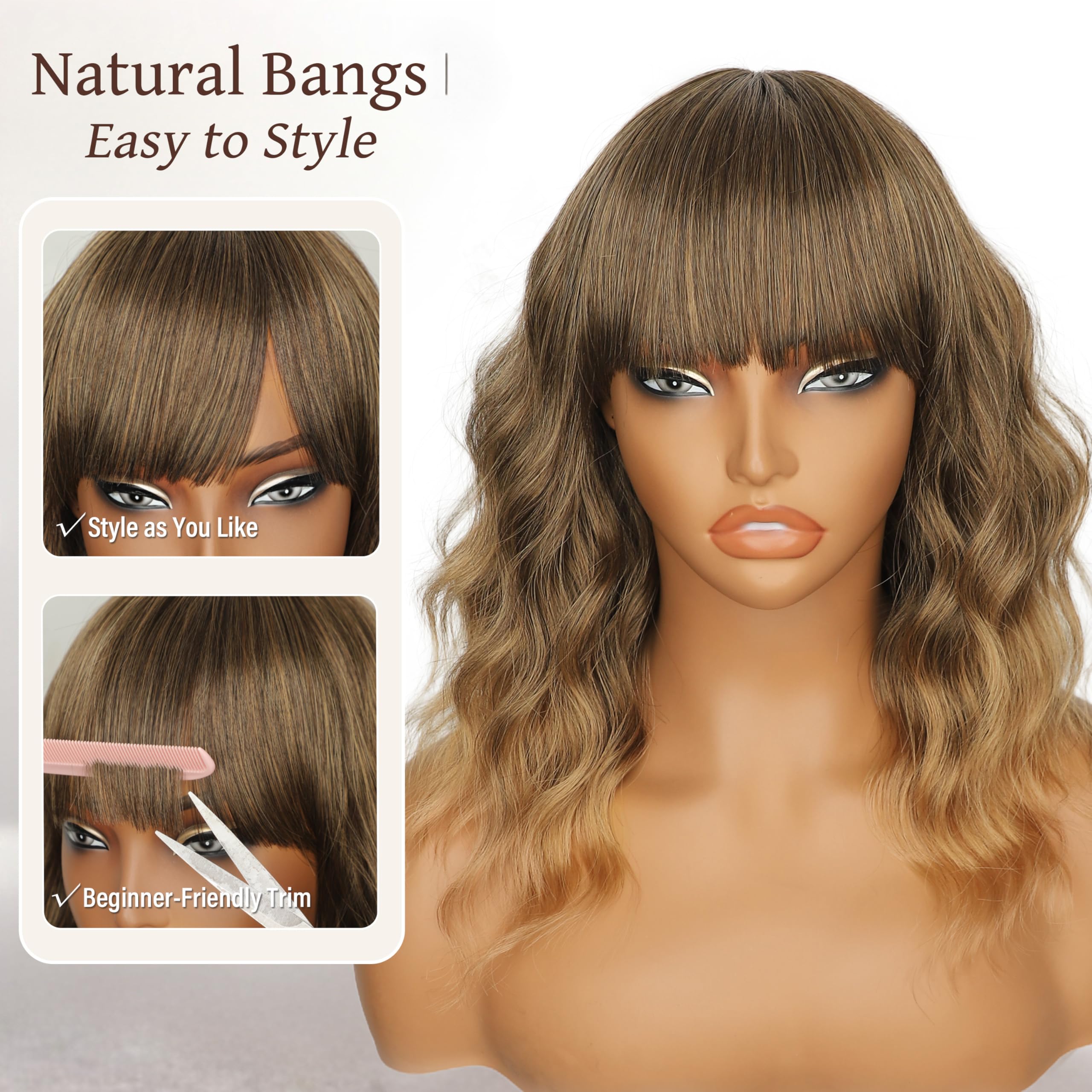 Nnzes Wig with Bangs for Women Shoulder Length Bob Wavy Women's Charming Synthetic Brown mixed Blonde Highlight Wigs with Natural Curly Heat Resistant Hair for Daily Party Use