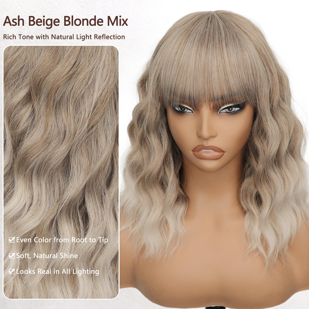 Nnzes Wig with Bangs for Women Shoulder Length Bob Wavy Women's Charming Synthetic Brown mixed Blonde Highlight Wigs with Natural Curly Heat Resistant Hair for Daily Party Use