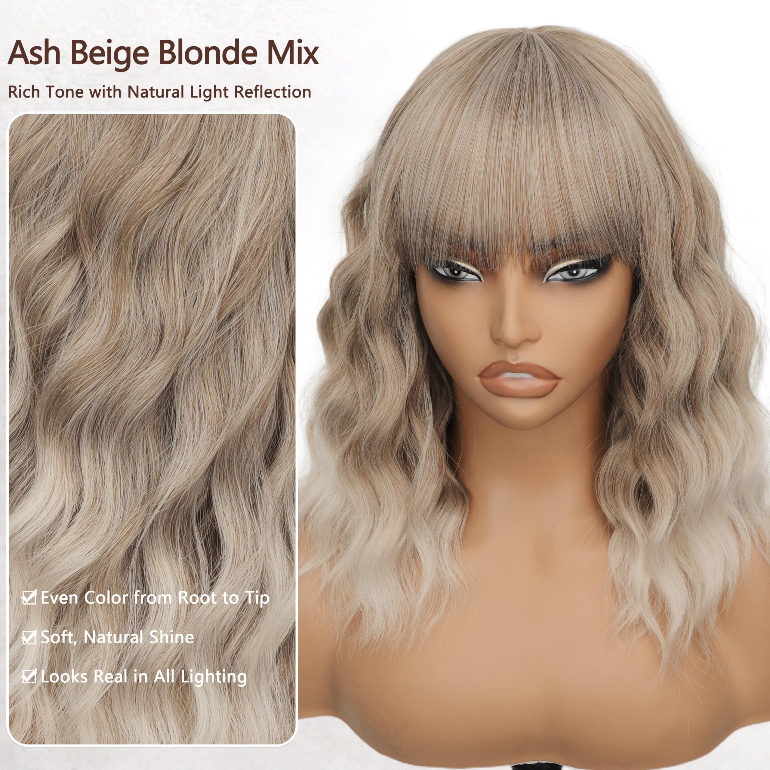 Nnzes Wig with Bangs for Women Shoulder Length Bob Wavy Women's Charming Synthetic Brown mixed Blonde Highlight Wigs with Natural Curly Heat Resistant Hair for Daily Party Use