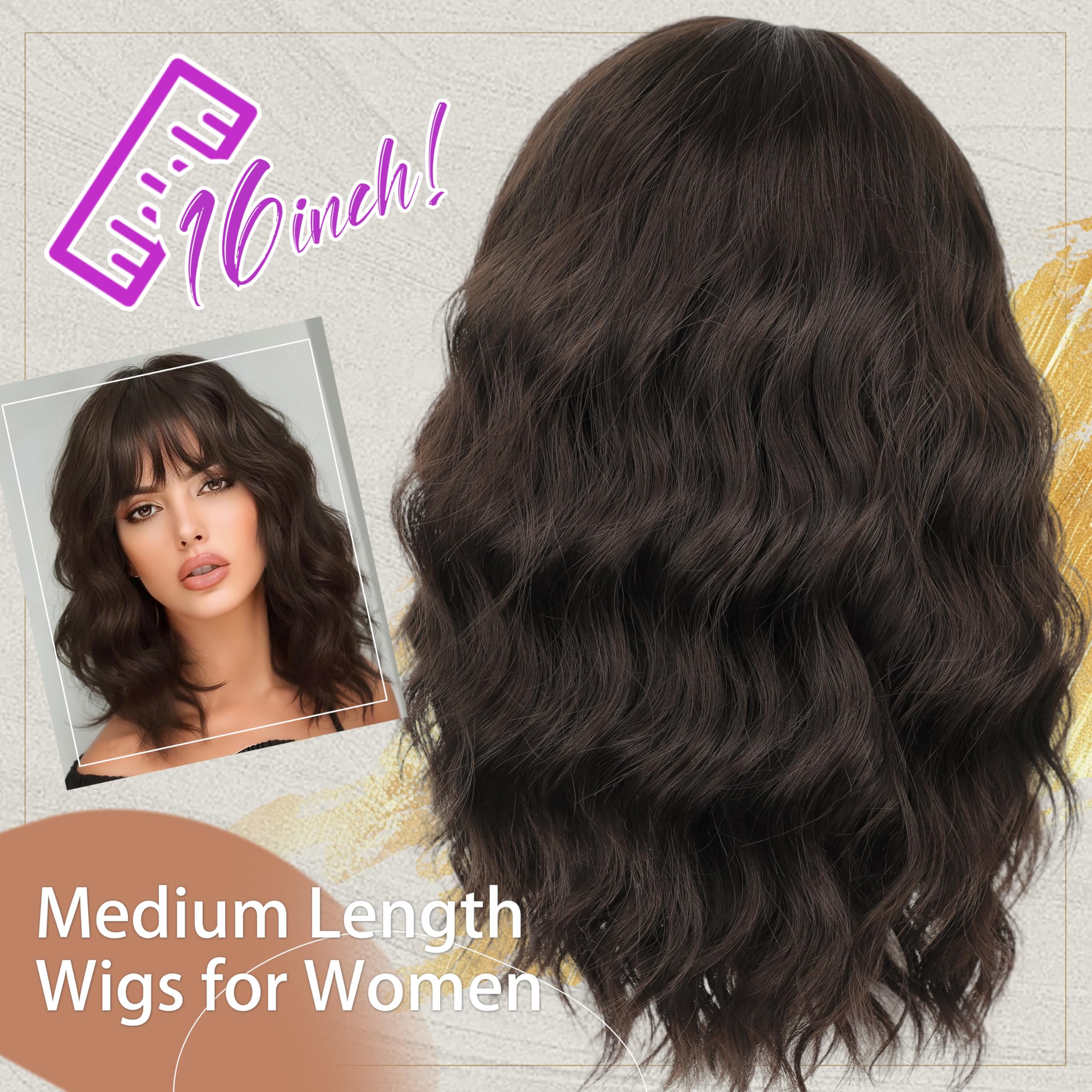 Nnzes Wig with Bangs for Women Shoulder Length Bob Wavy Women's Charming Synthetic Brown mixed Blonde Highlight Wigs with Natural Curly Heat Resistant Hair for Daily Party Use