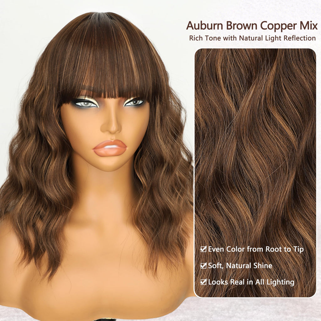 Nnzes Wig with Bangs for Women Shoulder Length Bob Wavy Women's Charming Synthetic Brown mixed Blonde Highlight Wigs with Natural Curly Heat Resistant Hair for Daily Party Use