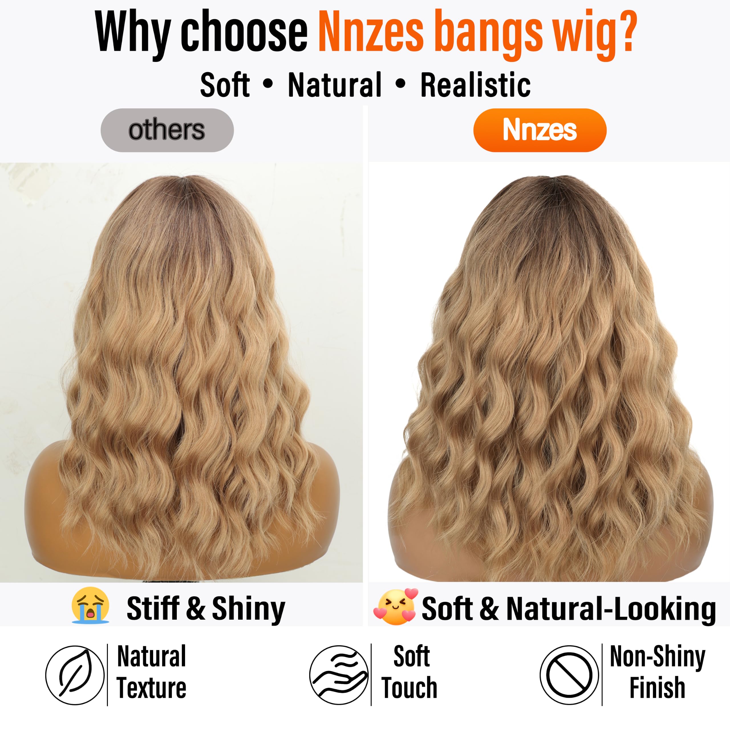 Nnzes Wig with Bangs for Women Shoulder Length Bob Wavy Women's Charming Synthetic Brown mixed Blonde Highlight Wigs with Natural Curly Heat Resistant Hair for Daily Party Use