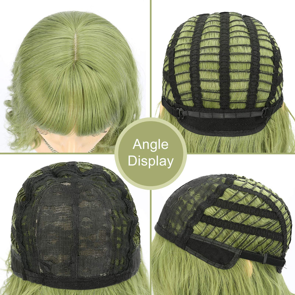 FAELBATY Blonde Wave Short Bob Wigs With Air Bangs Shoulder Length Wig For Women and Girls Curly Wavy Synthetic Cosplay Costume Wig (12" Mix blonde and gold)