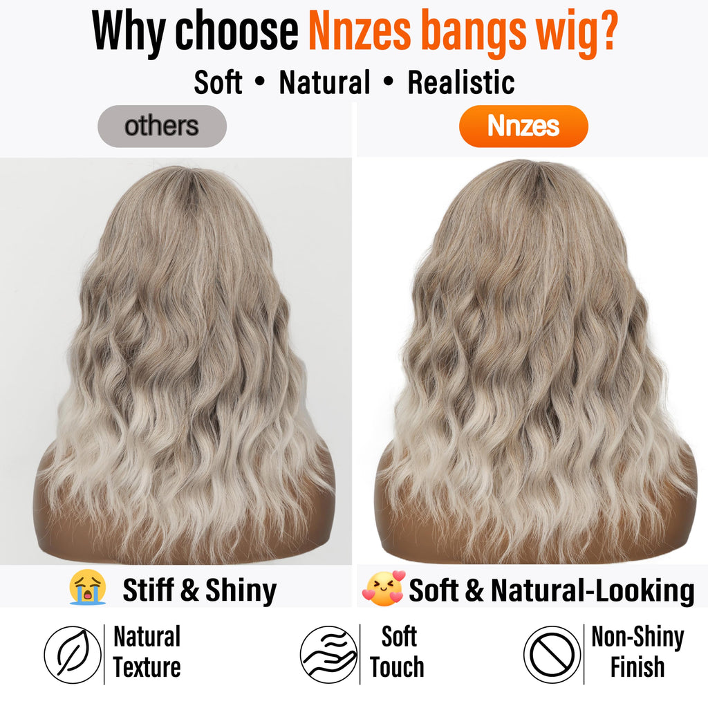 Nnzes Wig with Bangs for Women Shoulder Length Bob Wavy Women's Charming Synthetic Brown mixed Blonde Highlight Wigs with Natural Curly Heat Resistant Hair for Daily Party Use