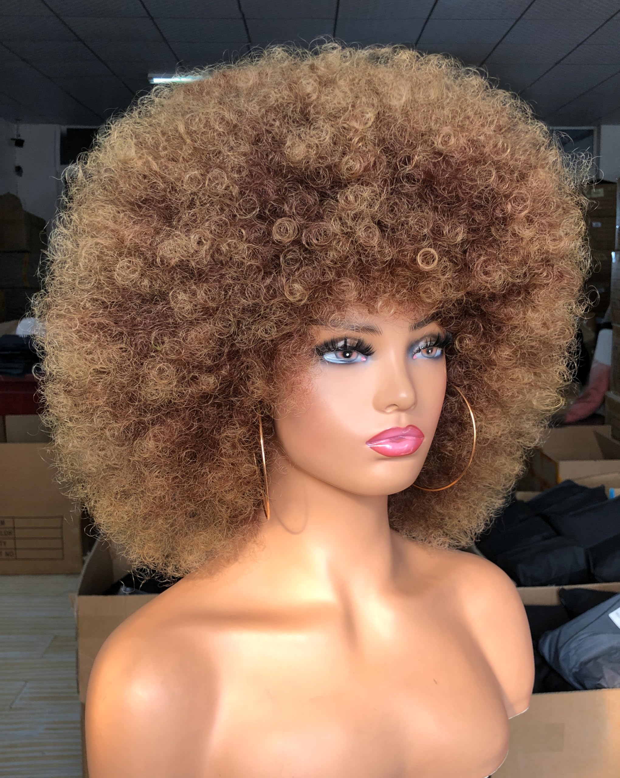 Curly Afro Wigs for Black Women Kinky Curly Wig with Bangs Synthetic Fiber Natural Looking Glueless Hair for Daily Wear