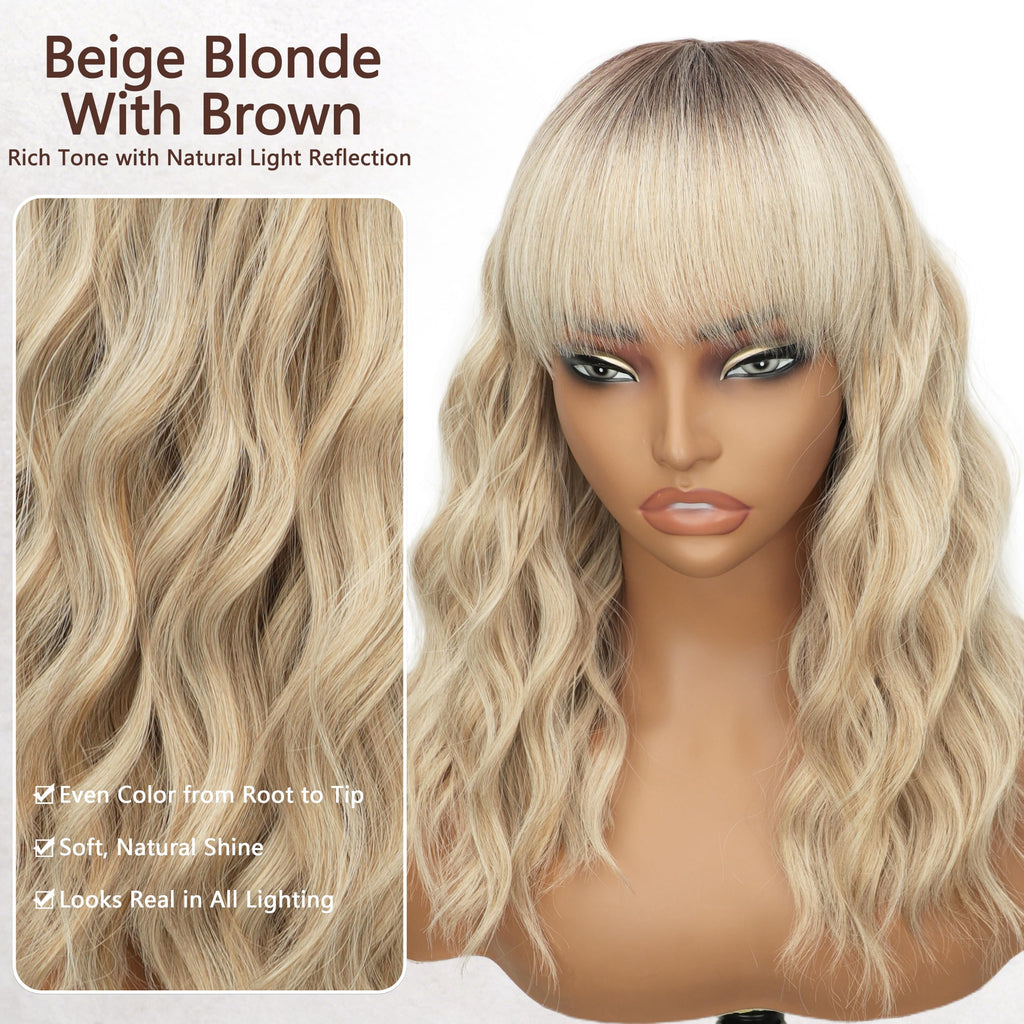Nnzes Wig with Bangs for Women Shoulder Length Bob Wavy Women's Charming Synthetic Brown mixed Blonde Highlight Wigs with Natural Curly Heat Resistant Hair for Daily Party Use