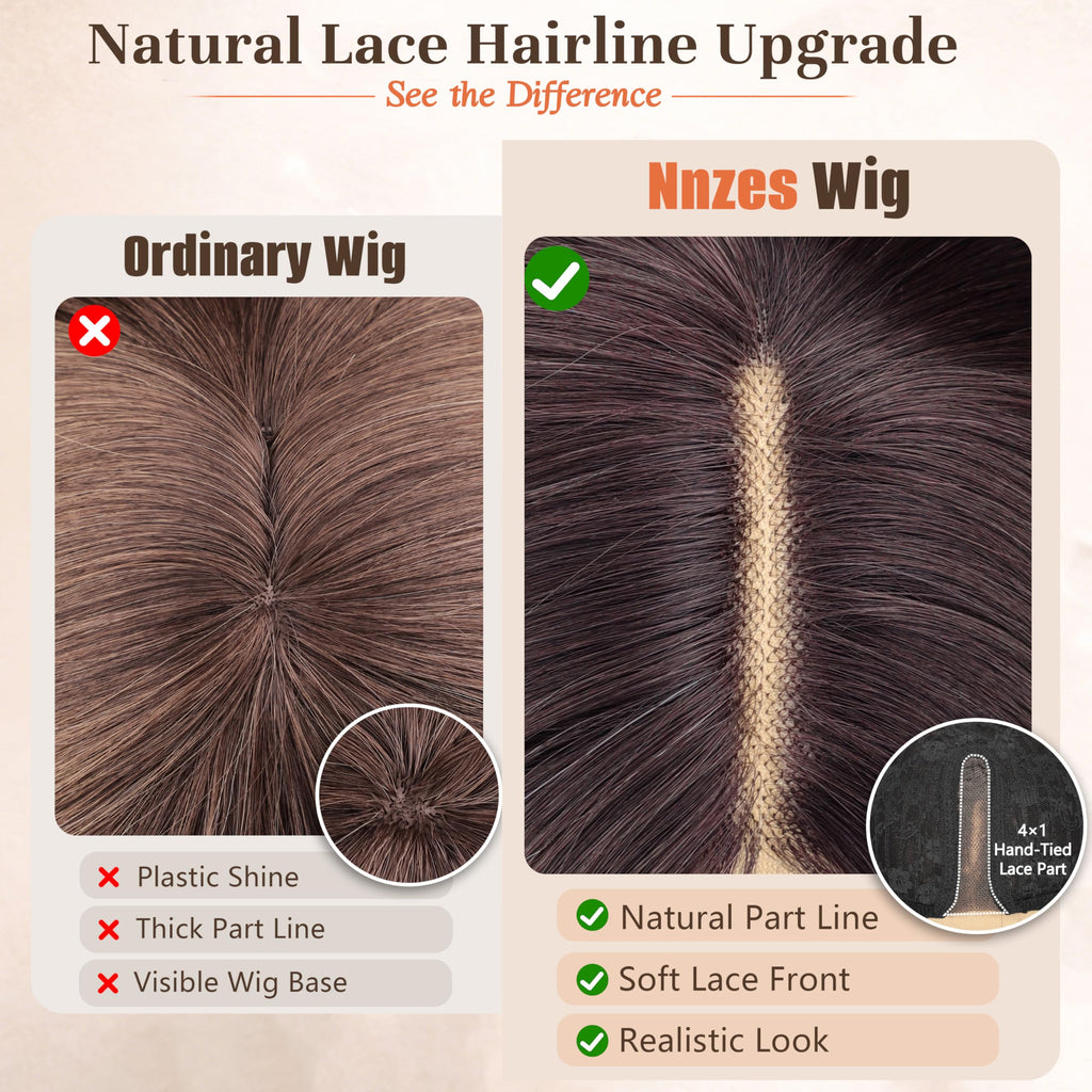 Nnzes Long Brown Mixed Blonde Wavy Wig 4x1 Lace Natural Hairline Middle Part Curly Heat-Resistant Synthetic Fiber for Women & Beginners Daily Party Use 26In