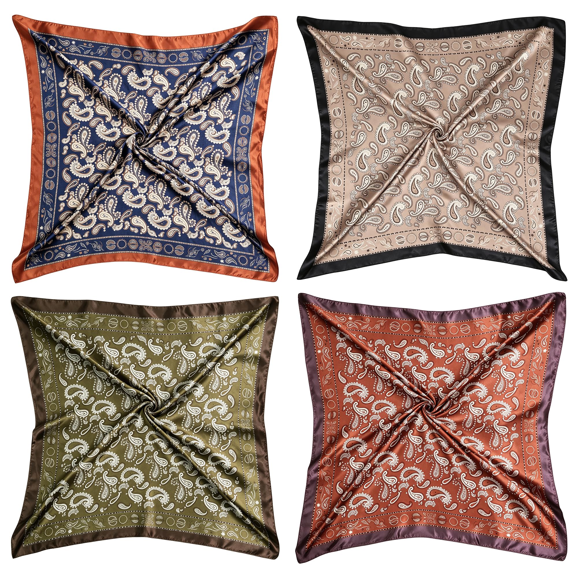 Ciormis 35" Silk Head Scarf for Women, 4 Pcs Satin Hair Scarf Square Silk Bandana Top Neck Scarves Hair Wraps for Sleeping