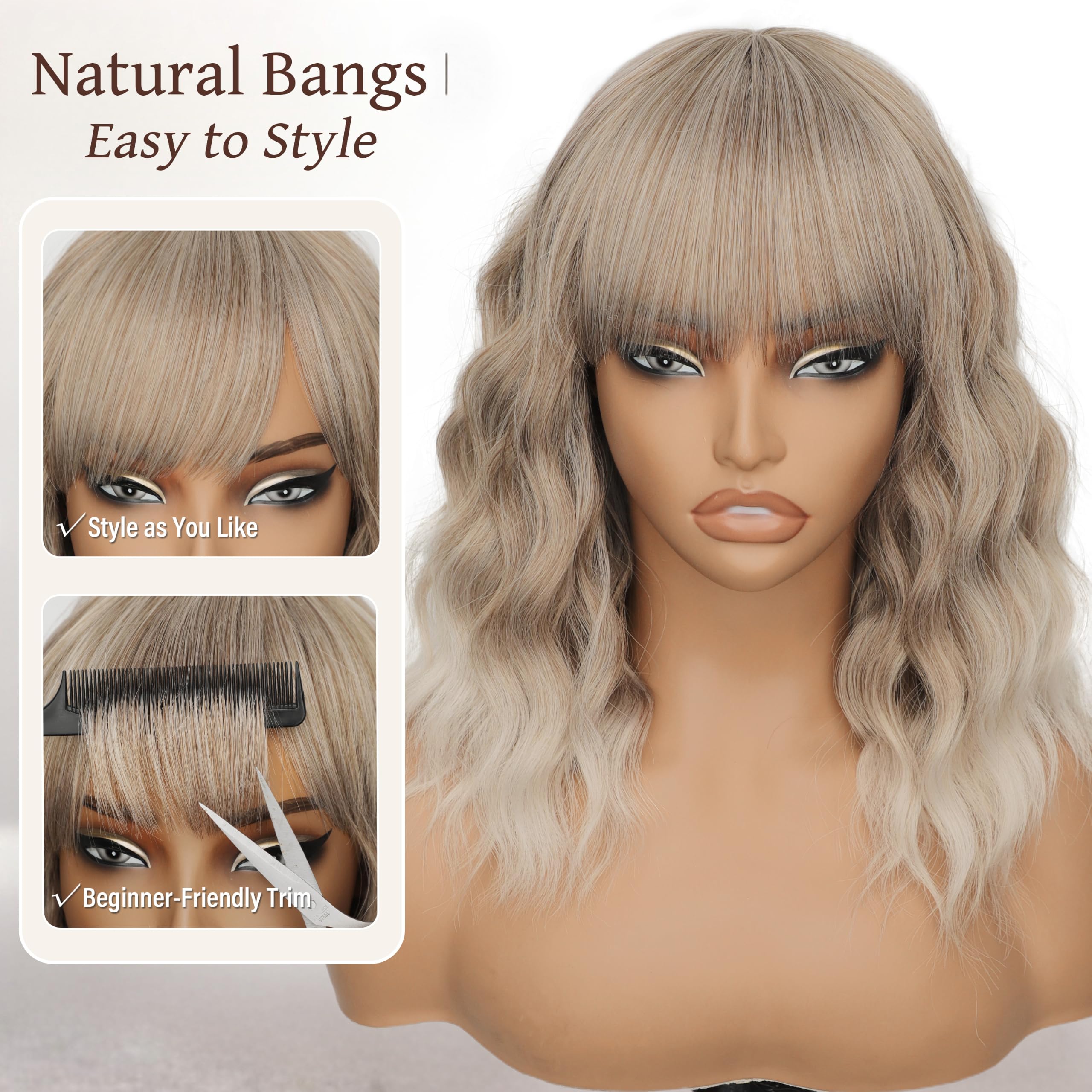 Nnzes Wig with Bangs for Women Shoulder Length Bob Wavy Women's Charming Synthetic Brown mixed Blonde Highlight Wigs with Natural Curly Heat Resistant Hair for Daily Party Use
