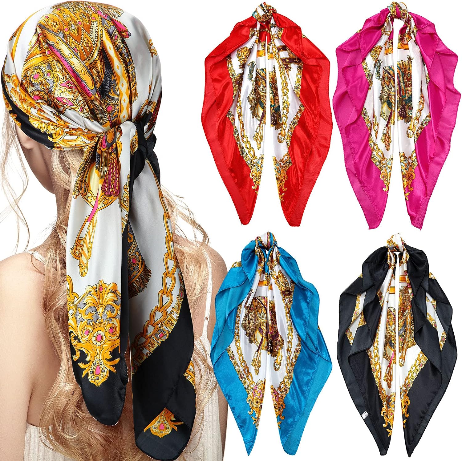 Honoson 4 Pcs 35 Inch Satin Head Scarf Bandanas for Women