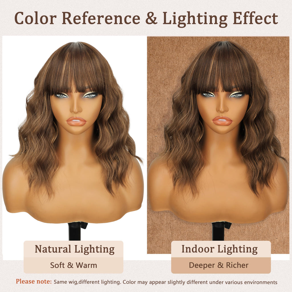 Nnzes Wig with Bangs for Women Shoulder Length Bob Wavy Women's Charming Synthetic Brown mixed Blonde Highlight Wigs with Natural Curly Heat Resistant Hair for Daily Party Use