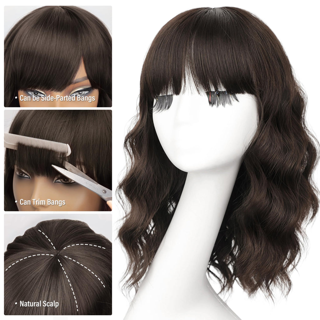 Nnzes Wig with Bangs for Women Shoulder Length Bob Wavy Women's Charming Synthetic Brown mixed Blonde Highlight Wigs with Natural Curly Heat Resistant Hair for Daily Party Use