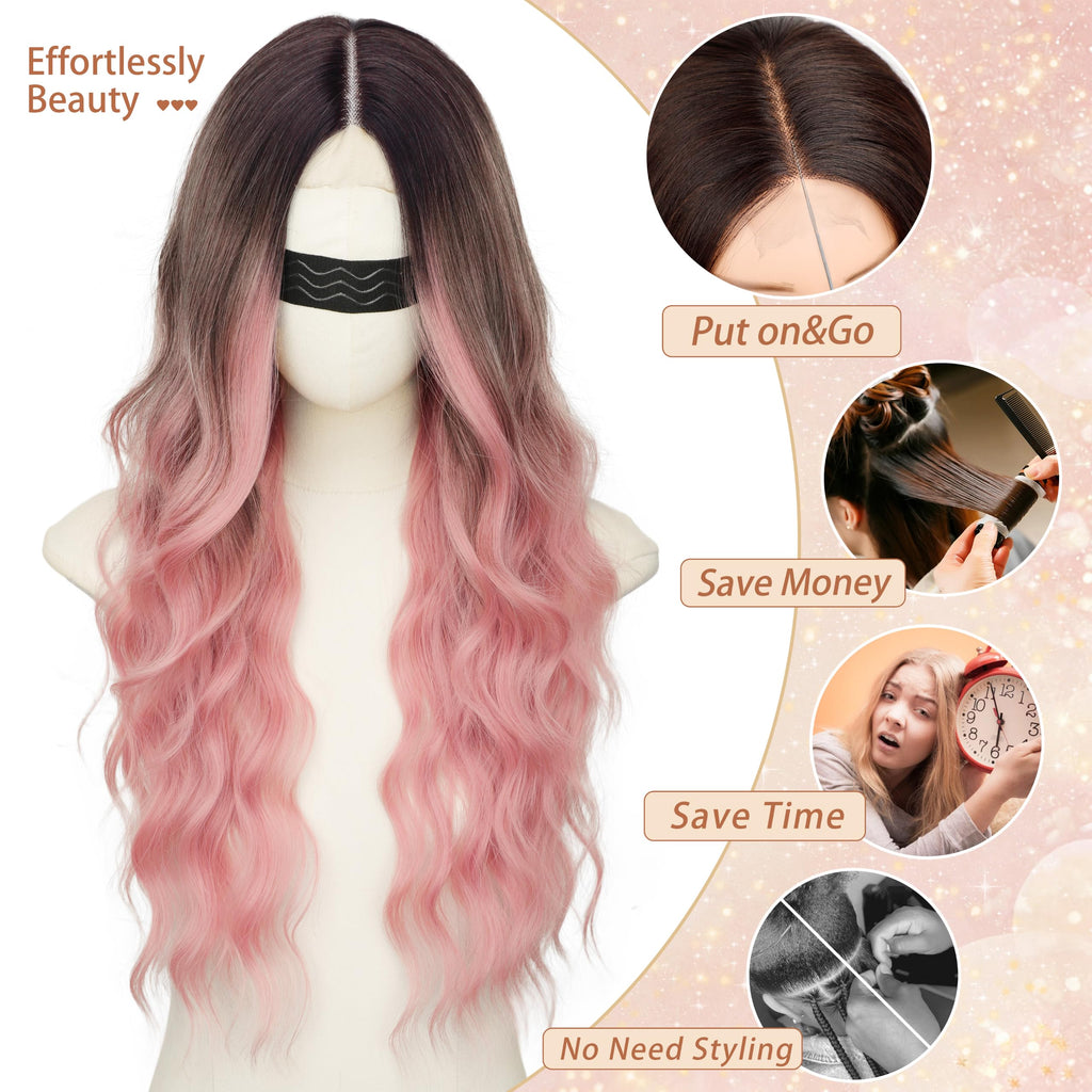 Nnzes Long Brown Mixed Blonde Wavy Wig 4x1 Lace Natural Hairline Middle Part Curly Heat-Resistant Synthetic Fiber for Women & Beginners Daily Party Use 26In
