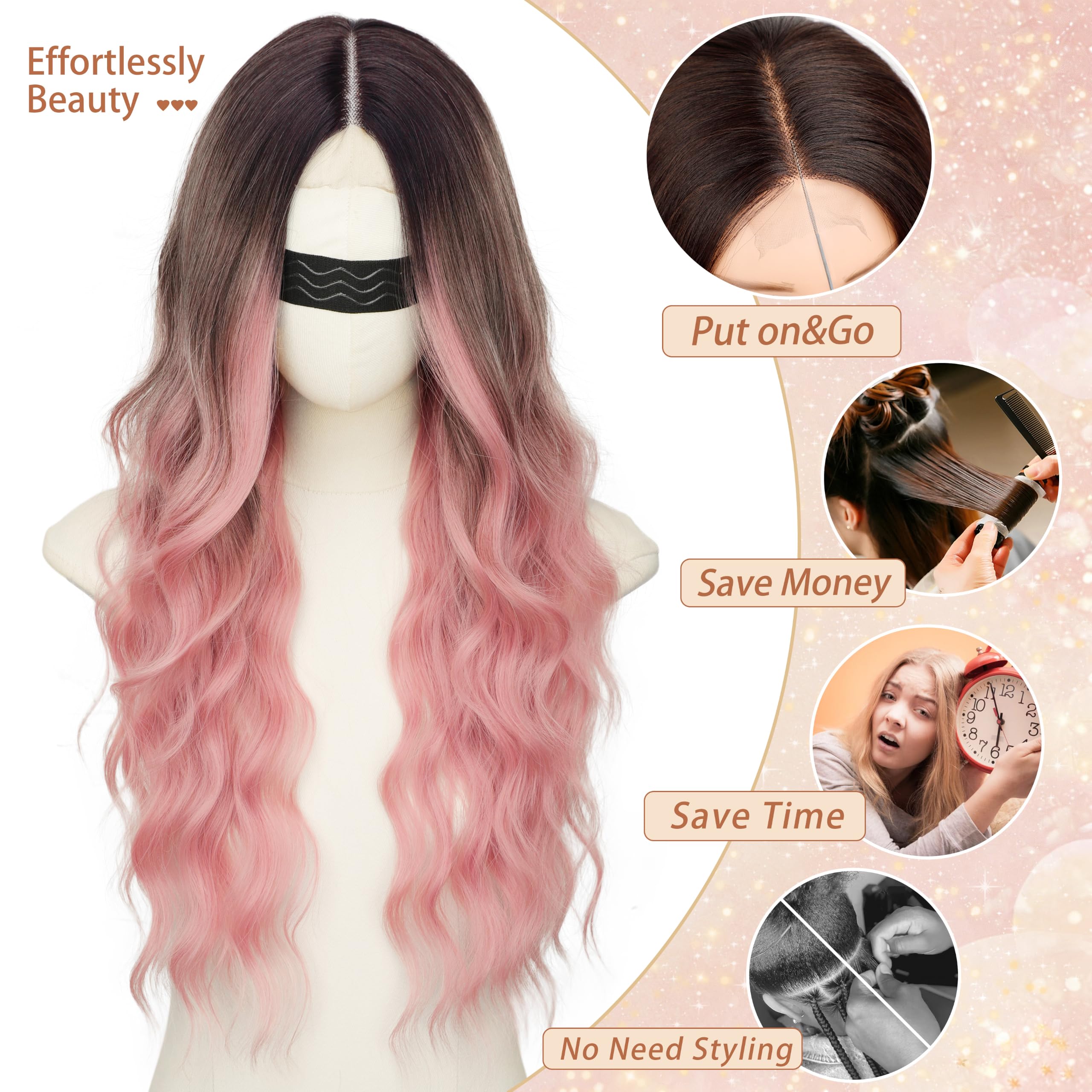 Nnzes Long Brown Mixed Blonde Wavy Wig 4x1 Lace Natural Hairline Middle Part Curly Heat-Resistant Synthetic Fiber for Women & Beginners Daily Party Use 26In